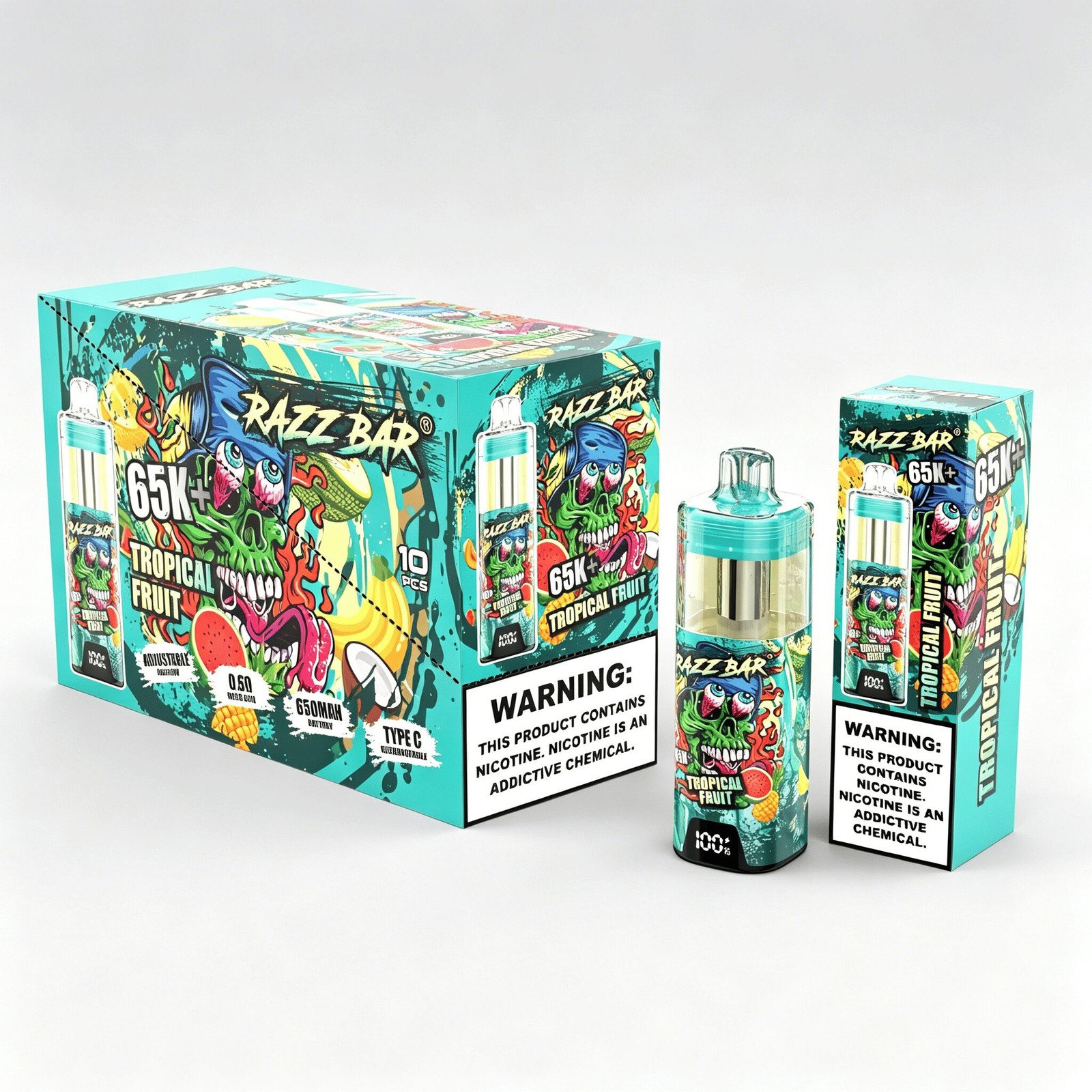 Razz Bar 65000 65K+ Puffs Disposable Vape | High Capacity Rechargeable Vape with Adjustable Airflow in Tropical Fruit flavor