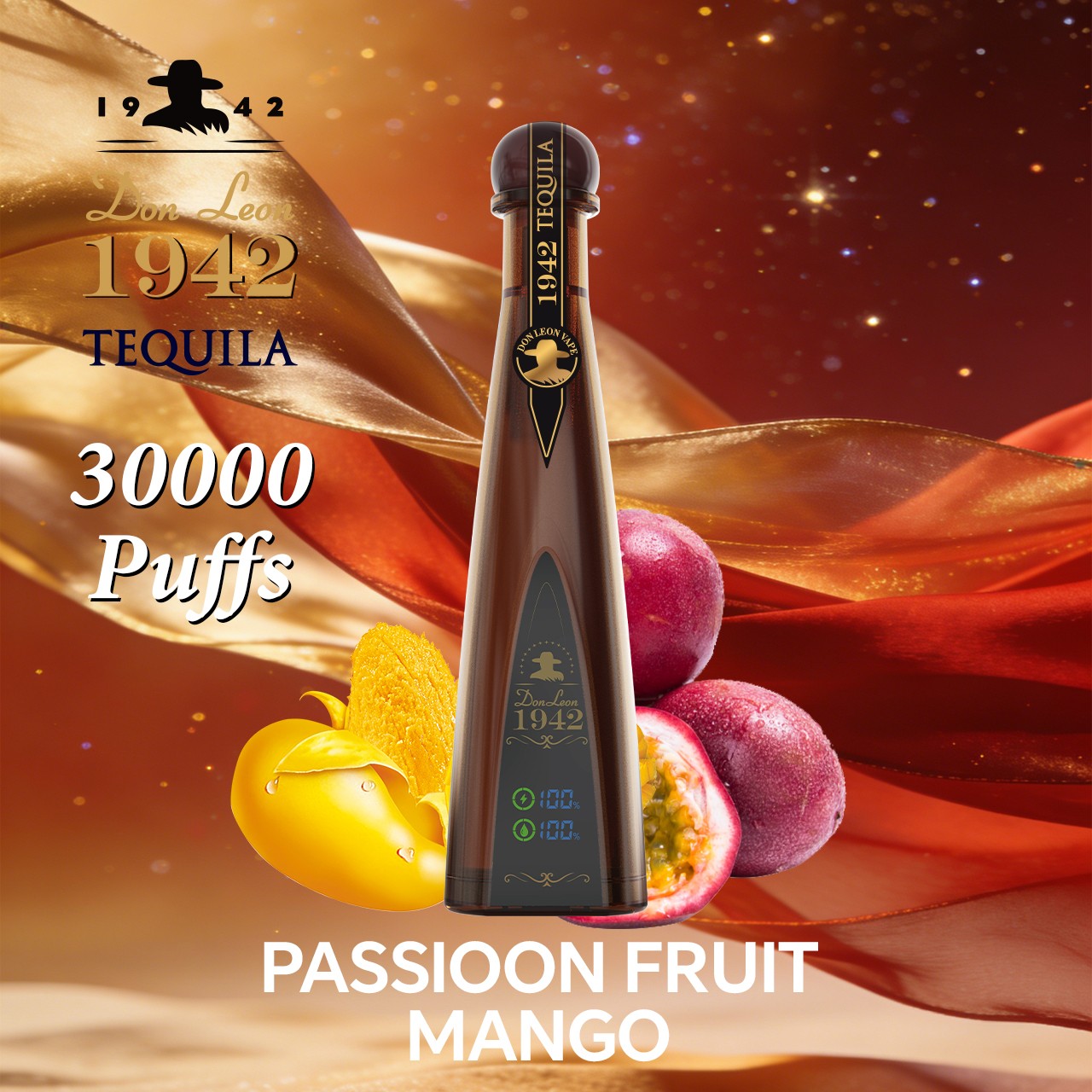 Solaris Tequila Don Leon 1942 30000 30K Puffs Rechargeable Battery Display Disposable Vape in Passion Fruit Mango flavor