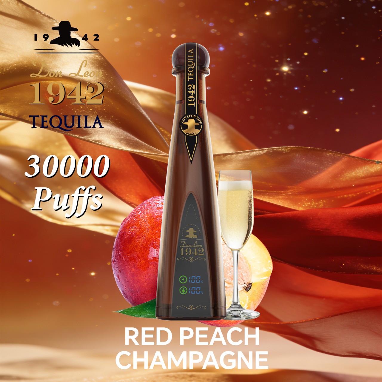 Solaris Tequila Don Leon 1942 30000 30K Puffs Rechargeable Battery Display Disposable Vape in Red Peach Champagne flavor