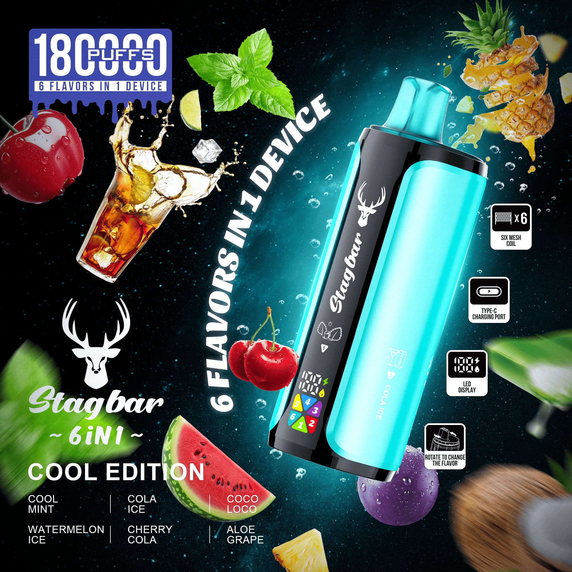 Stag Bar 6in1 180000 180K Puffs Rechargeable LED Display Disposable Vape EU Warehouse product detail image