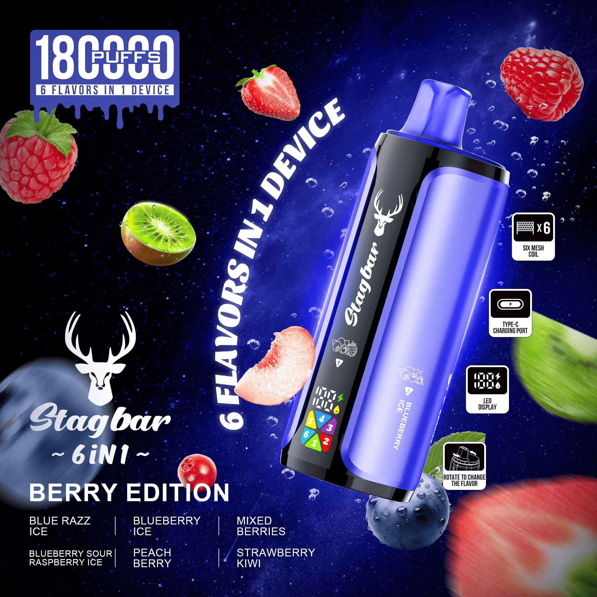 Stag Bar 6in1 180000 180K Puffs Rechargeable LED Display Disposable Vape EU Warehouse in eu stag bar 6in1 180000 180k berry edition flavor