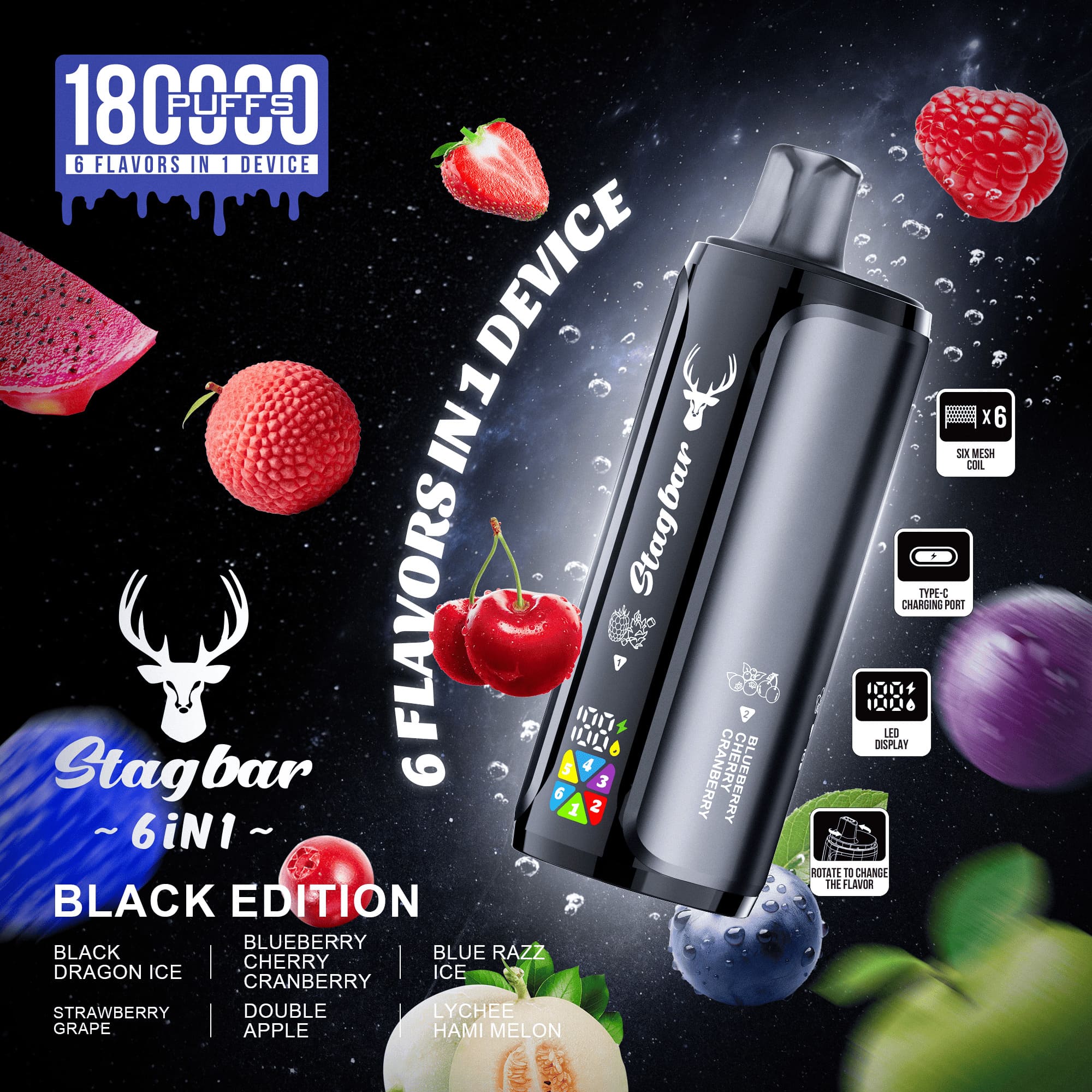 Stag Bar 6in1 180000 180K Puffs Rechargeable LED Display Disposable Vape EU Warehouse in eu stag bar 6in1 180000 180k black edition flavor
