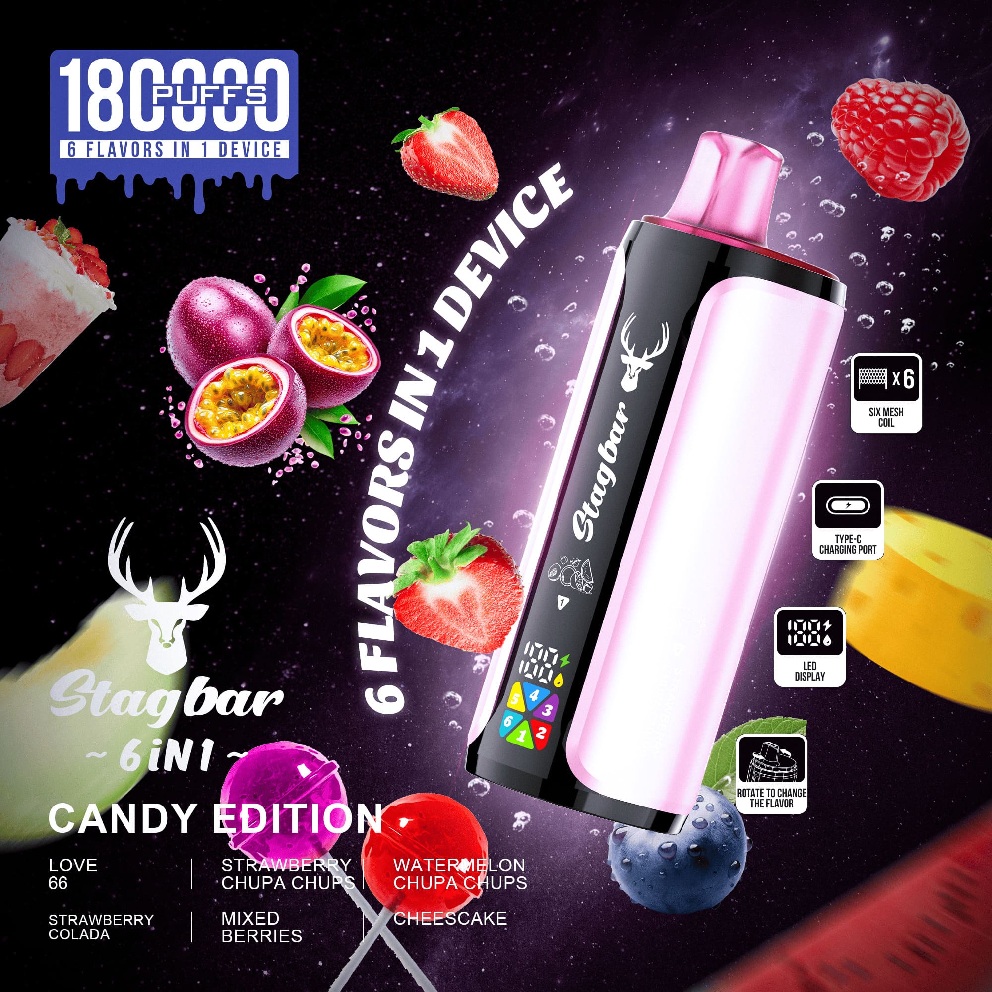 Stag Bar 6in1 180000 180K Puffs Rechargeable LED Display Disposable Vape EU Warehouse in eu stag bar 6in1 180000 180k candy edition flavor