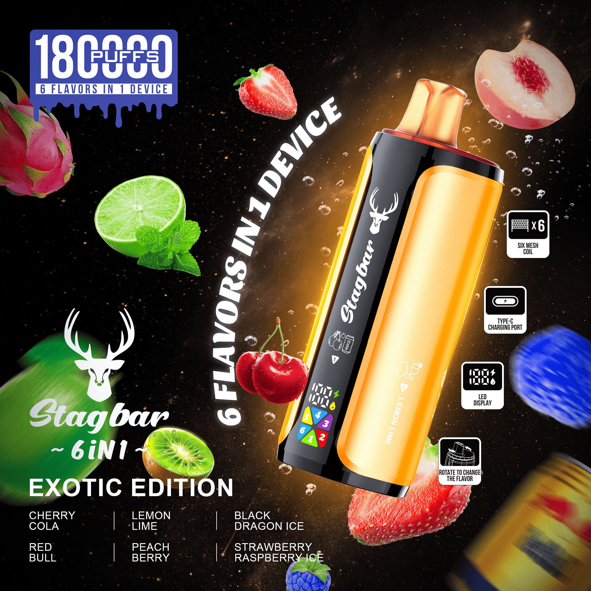 Stag Bar 6in1 180000 180K Puffs Rechargeable LED Display Disposable Vape EU Warehouse in eu stag bar 6in1 180000 180k exotic edition flavor