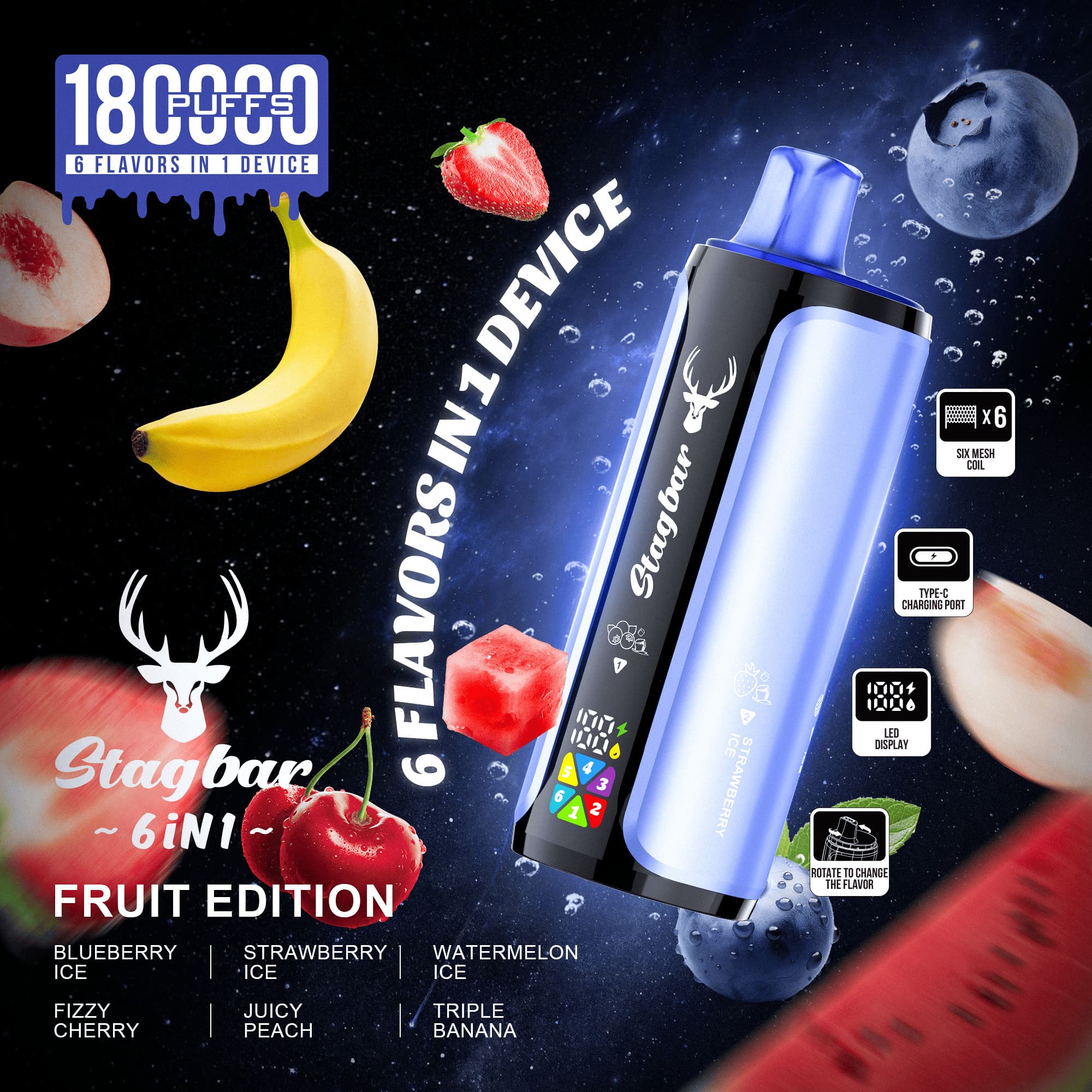 Stag Bar 6in1 180000 180K Puffs Rechargeable LED Display Disposable Vape EU Warehouse in eu stag bar 6in1 180000 180k fruit edition flavor
