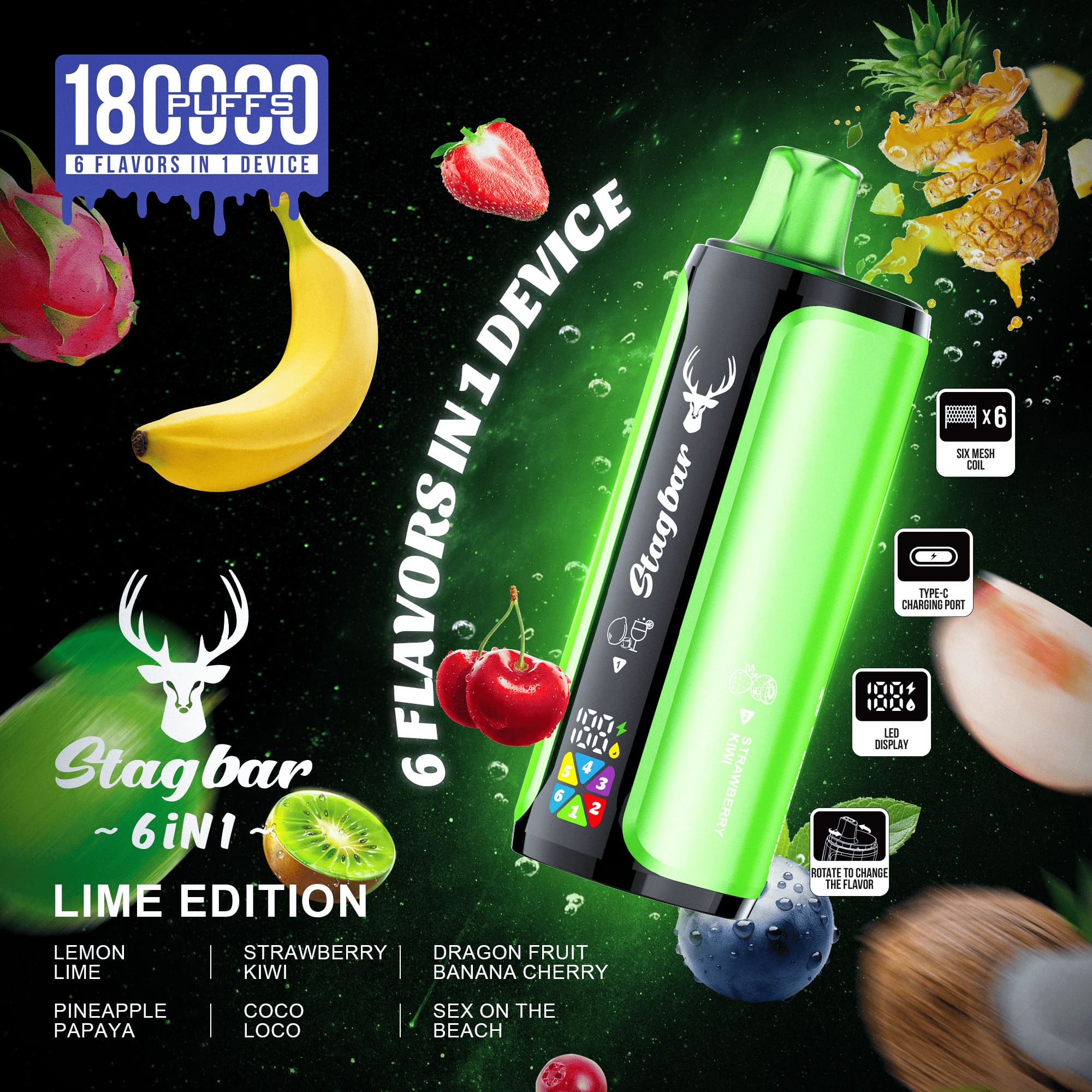 Stag Bar 6in1 180000 180K Puffs Rechargeable LED Display Disposable Vape EU Warehouse in eu stag bar 6in1 180000 180k lime edition flavor