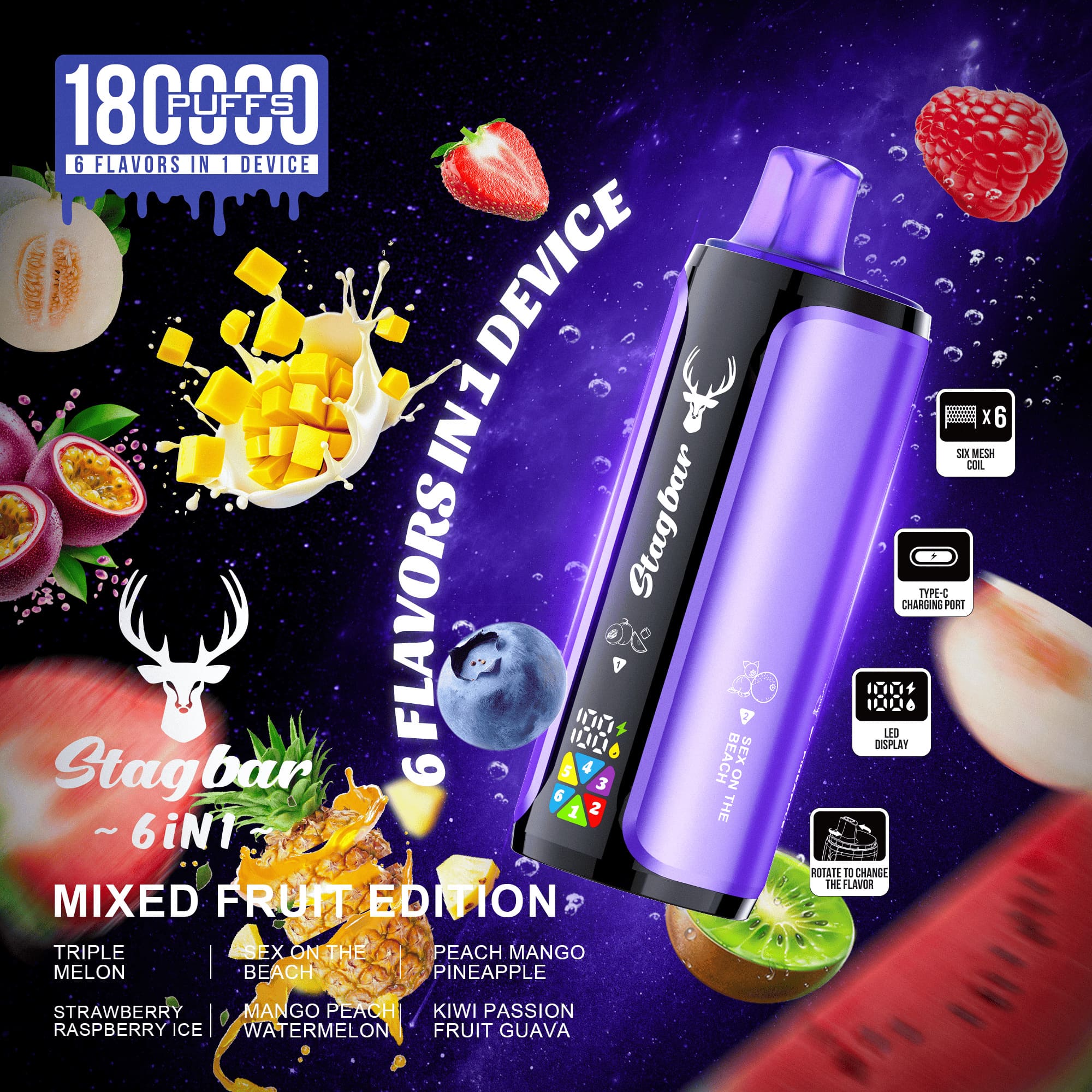 Stag Bar 6in1 180000 180K Puffs Rechargeable LED Display Disposable Vape EU Warehouse in eu stag bar 6in1 180000 180k mixed fruit edition flavor