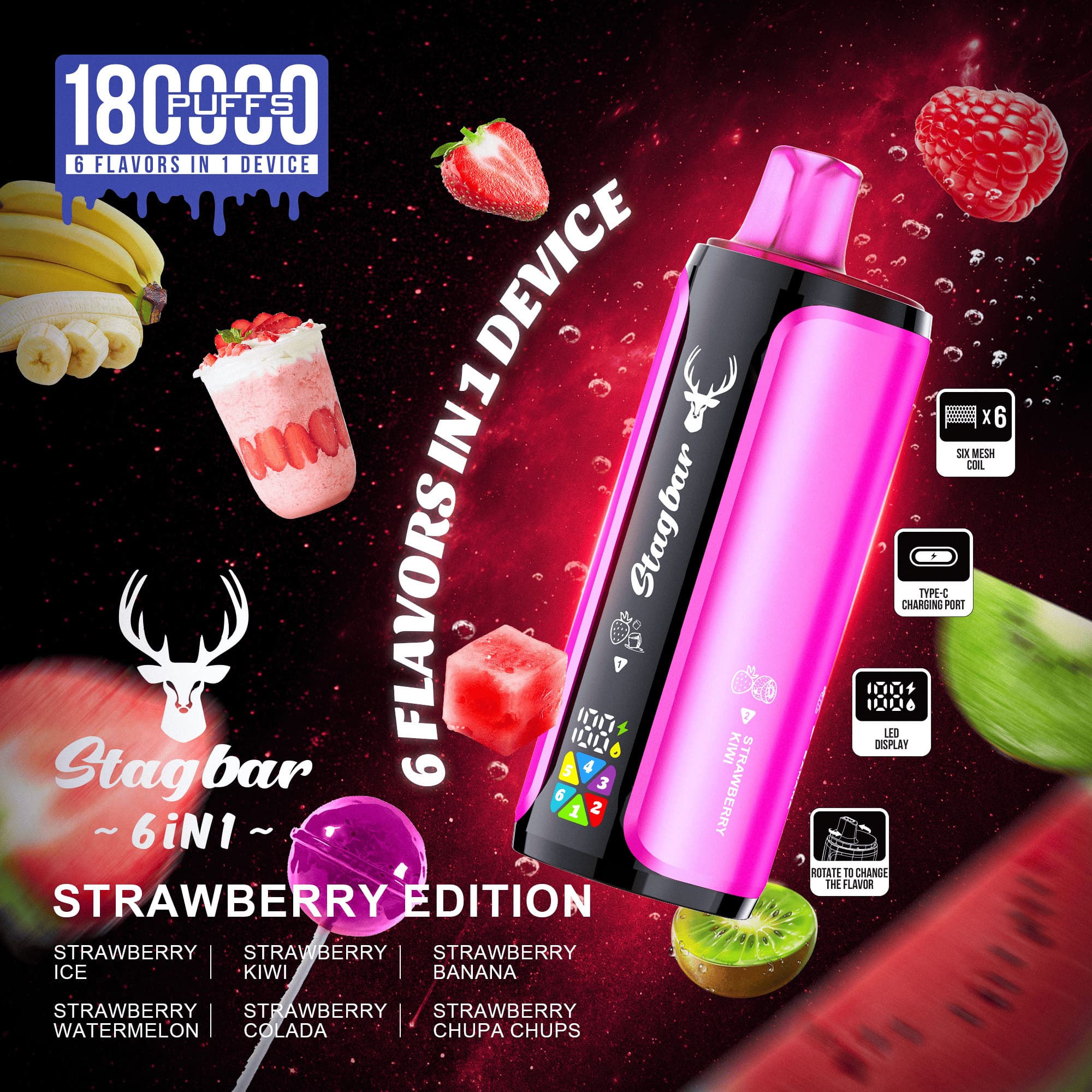 Stag Bar 6in1 180000 180K Puffs Rechargeable LED Display Disposable Vape EU Warehouse in eu stag bar 6in1 180000 180k strawberry edition flavor