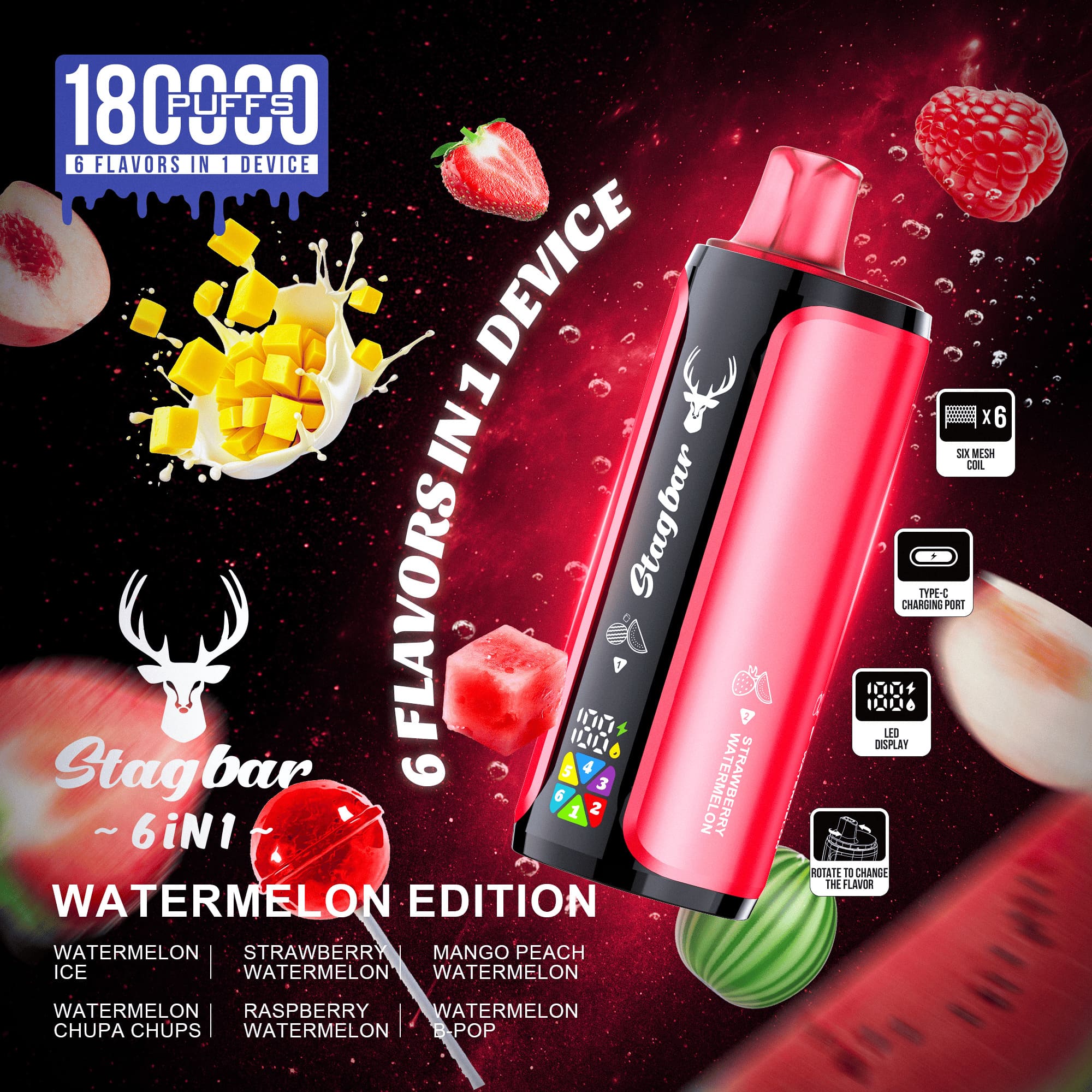 Stag Bar 6in1 180000 180K Puffs Rechargeable LED Display Disposable Vape EU Warehouse in eu stag bar 6in1 180000 180k watermelon edition flavor