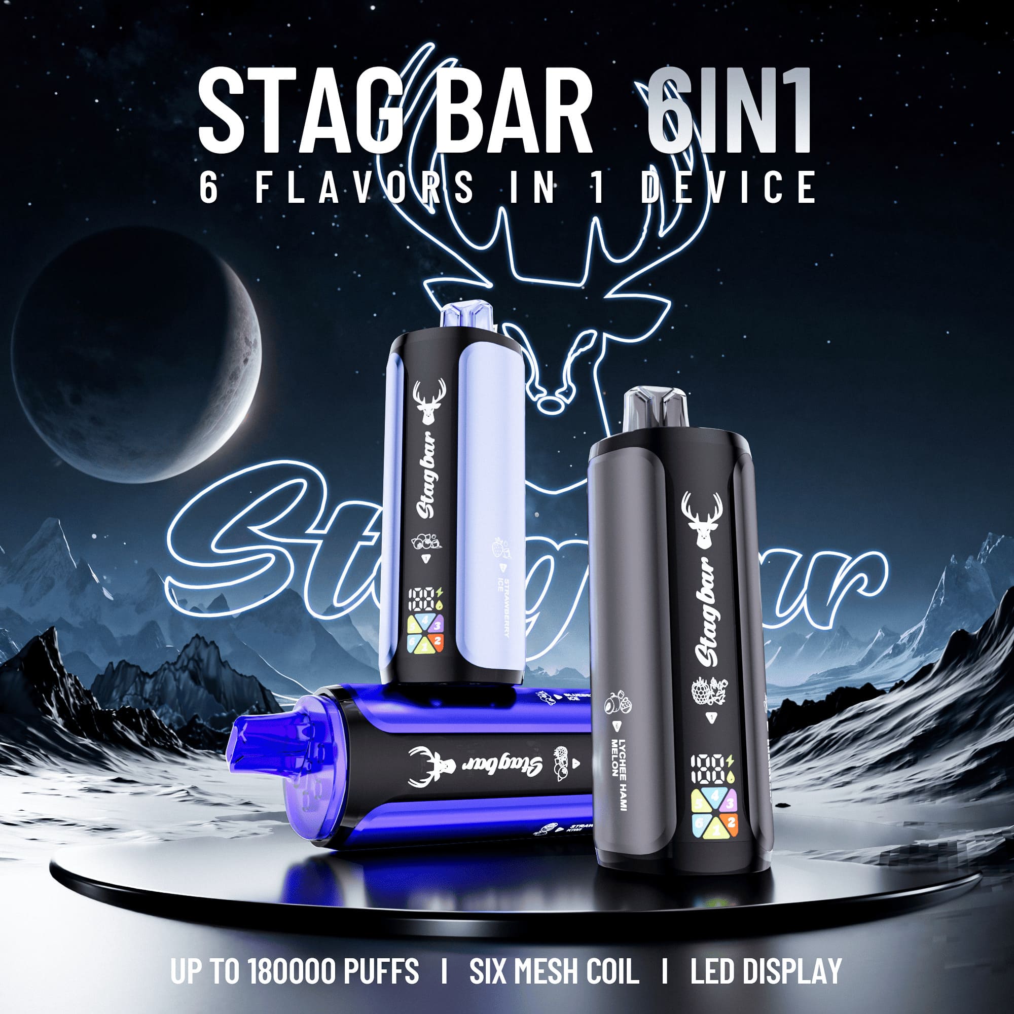 Stag Bar 6in1 180000 180K Puffs Rechargeable LED Display Disposable Vape EU Warehouse product image