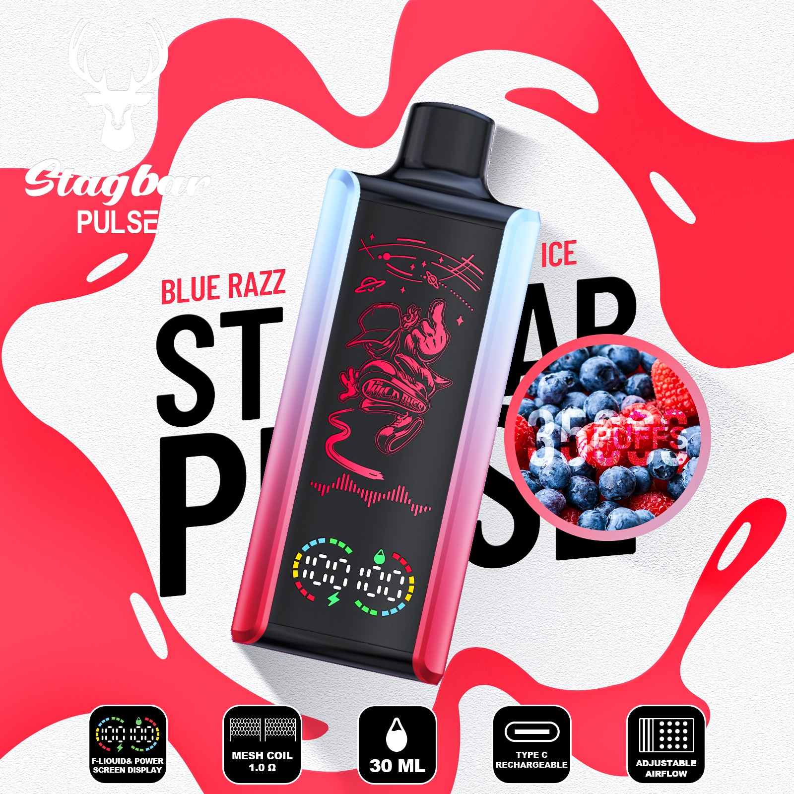 Stag Bar Pulse 35000 35K Puffs Full LED Display Disposable Vape EU Warehouse in Blue Razz Ice flavor