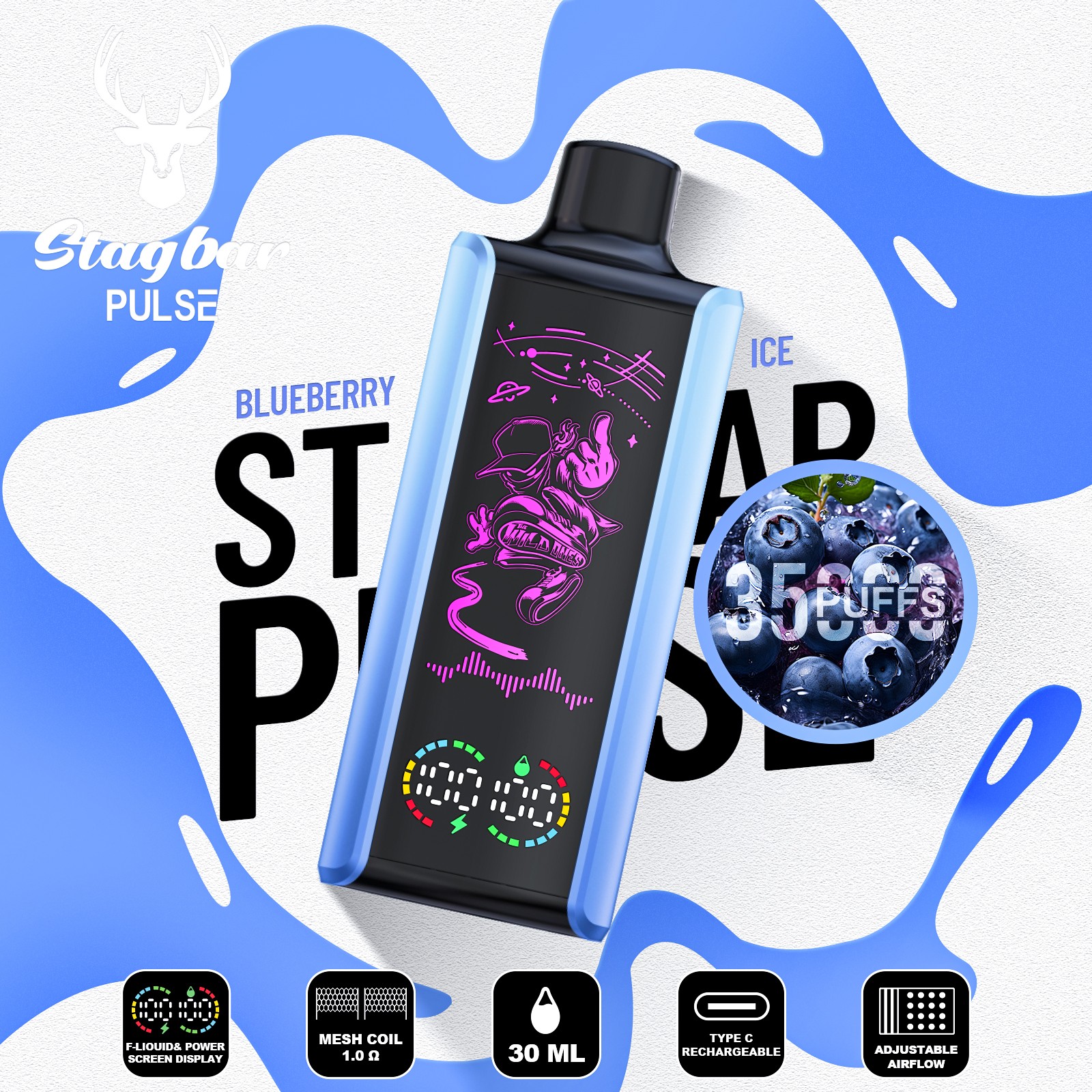 Stag Bar Pulse 35000 35K Puffs Full LED Display Disposable Vape EU Warehouse in Blueberry Ice flavor