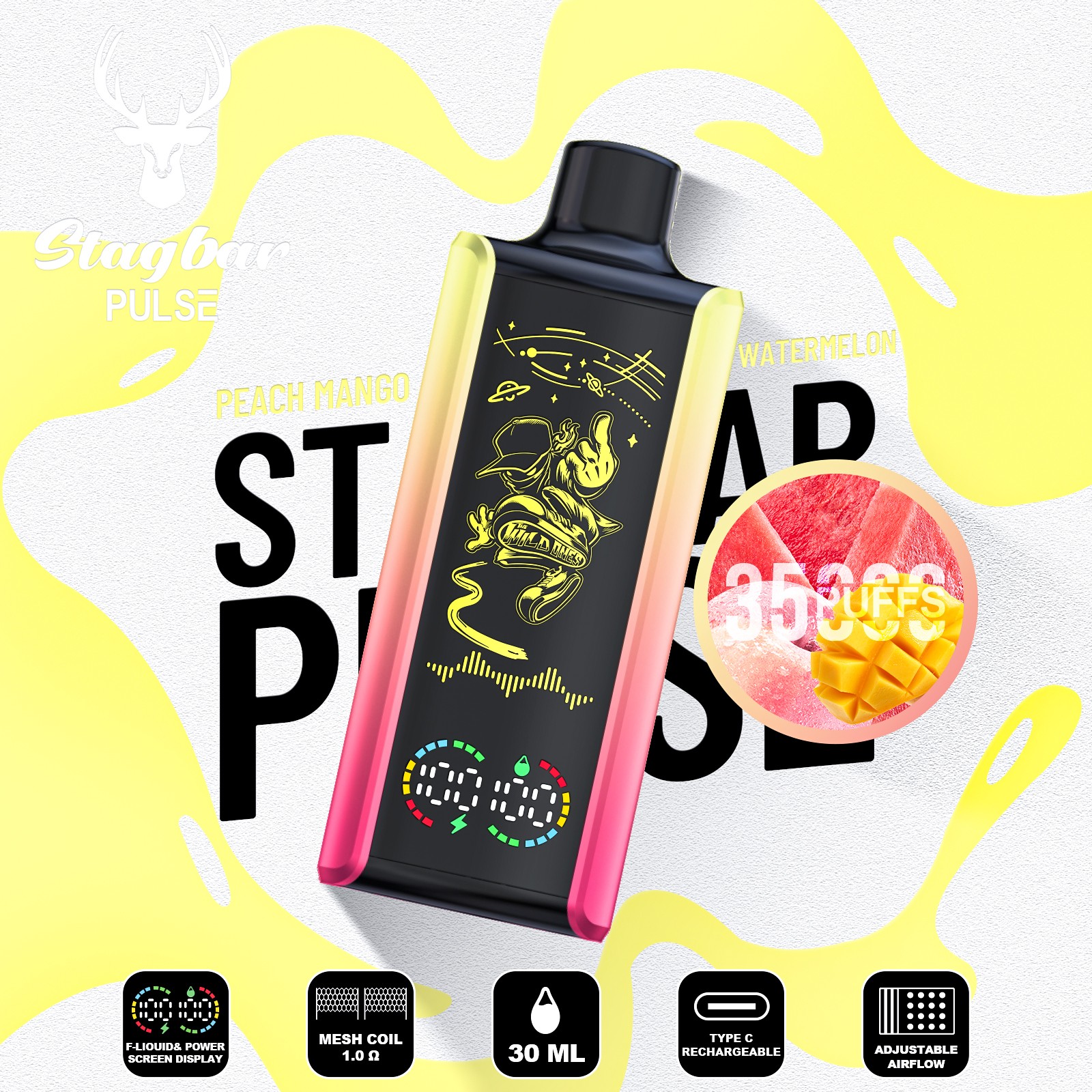 Stag Bar Pulse 35000 35K Puffs Full LED Display Disposable Vape EU Warehouse in Peach Mango Watermelon flavor