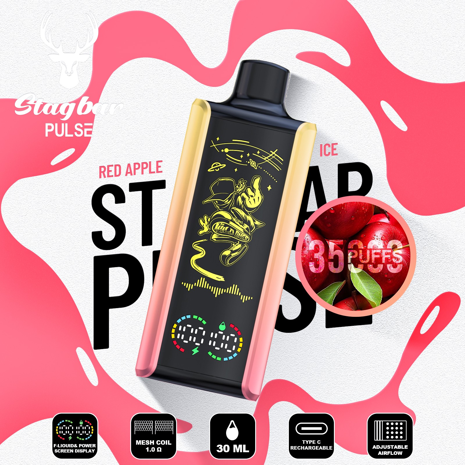 Stag Bar Pulse 35000 35K Puffs Full LED Display Disposable Vape EU Warehouse in Red Apple Ice flavor