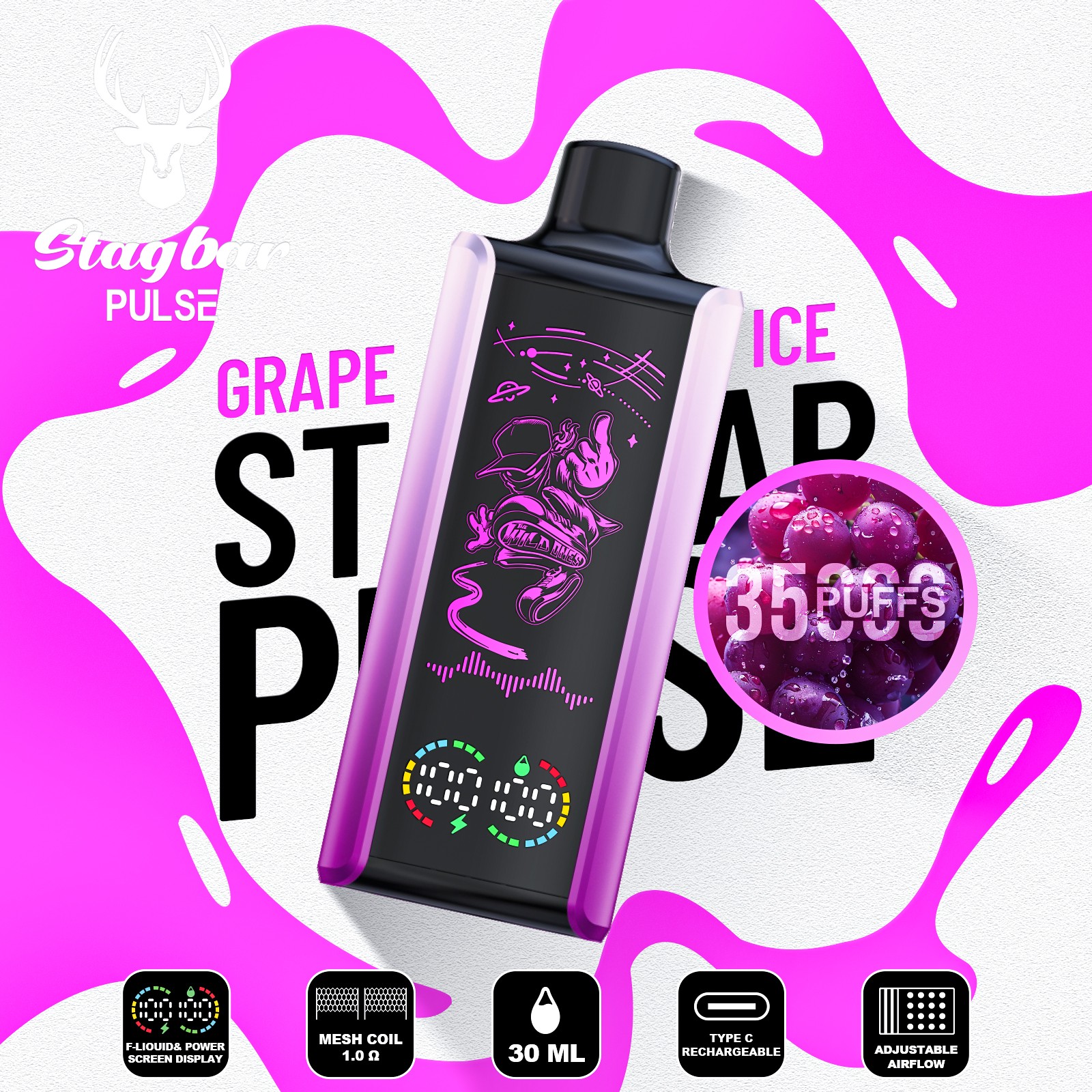 Stag Bar Pulse 35000 35K Puffs Full LED Display Disposable Vape EU Warehouse in stag bar pulse 35k grape ice flavor