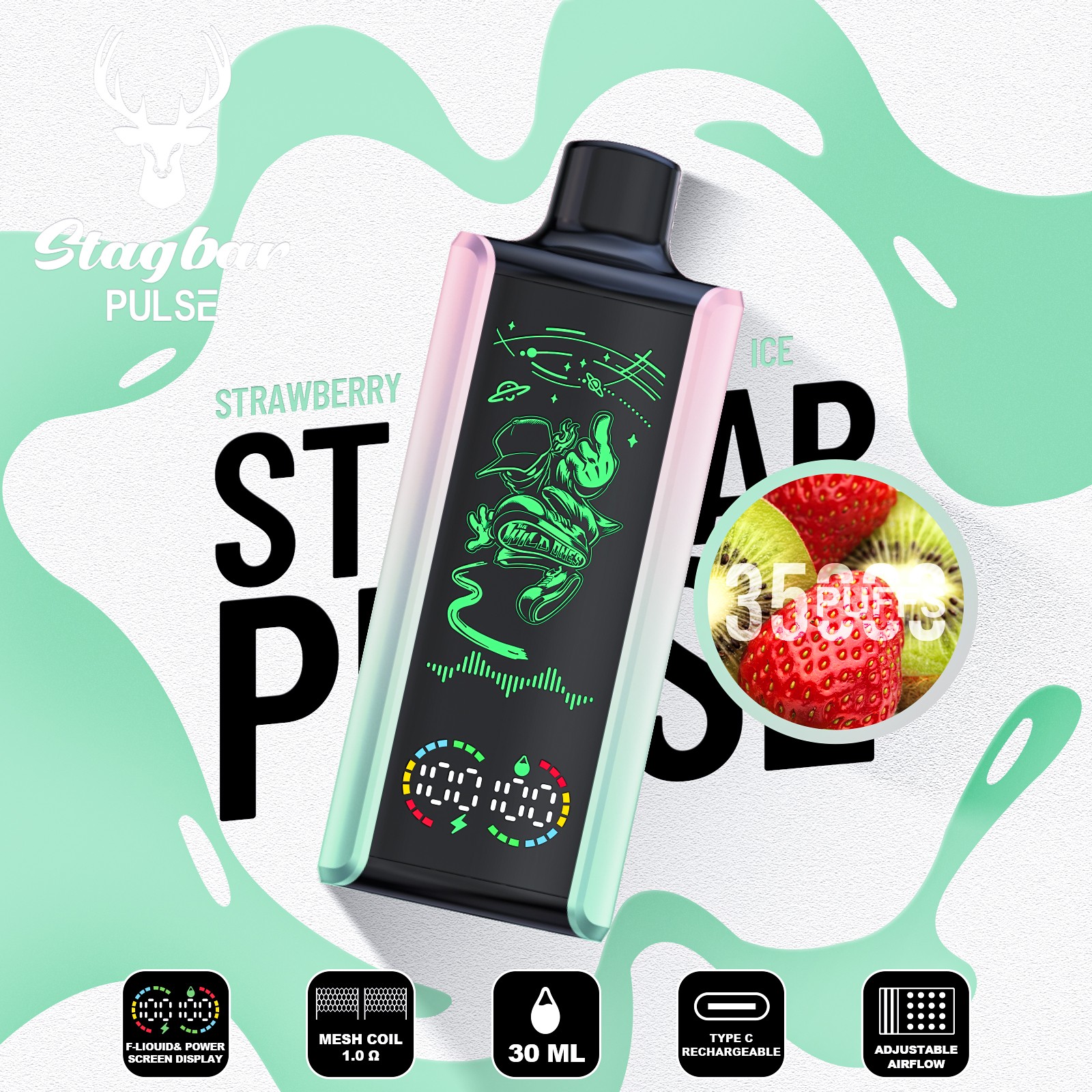 Stag Bar Pulse 35000 35K Puffs Full LED Display Disposable Vape EU Warehouse in Strawberry Ice flavor