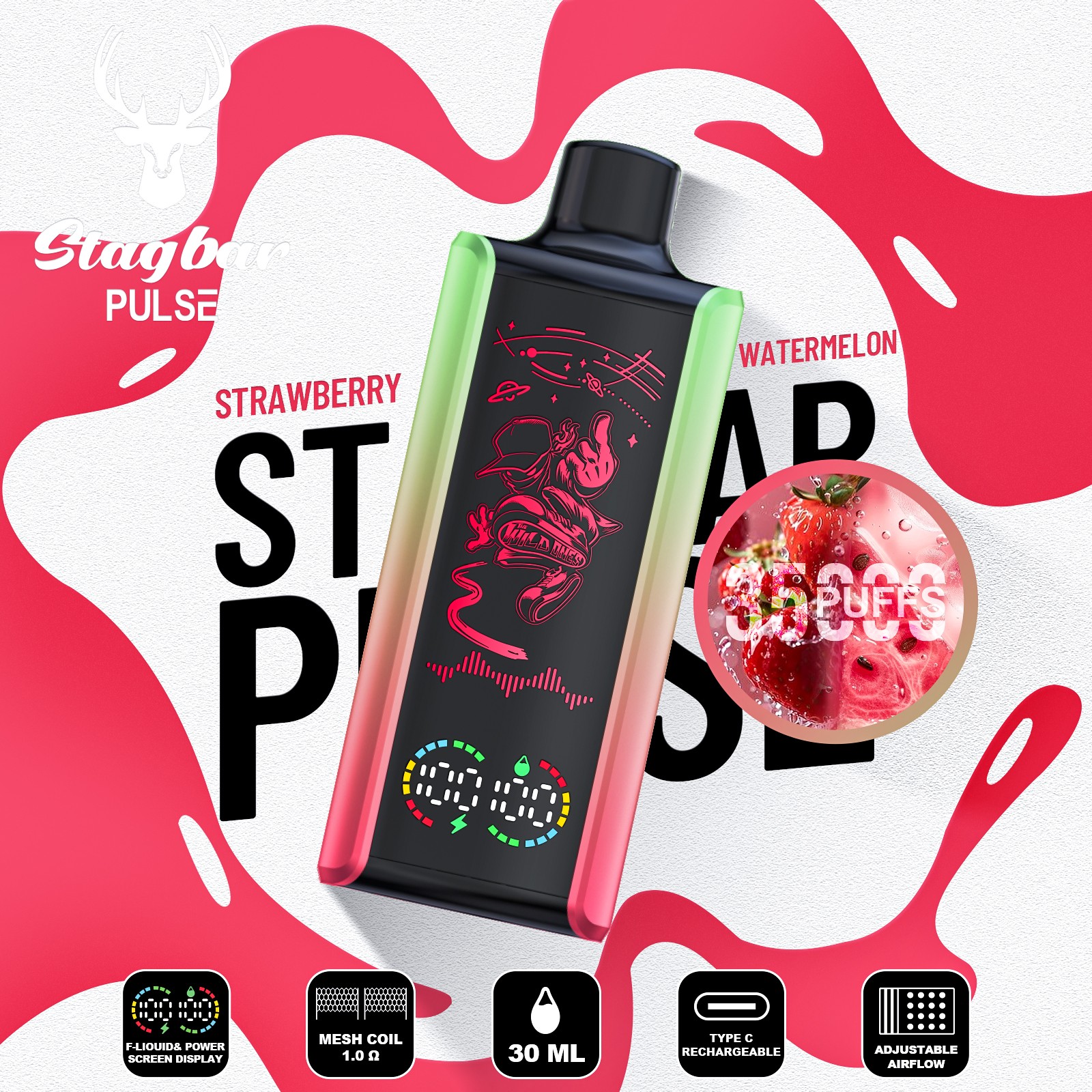 Stag Bar Pulse 35000 35K Puffs Full LED Display Disposable Vape EU Warehouse in Strawberry Kiwi flavor