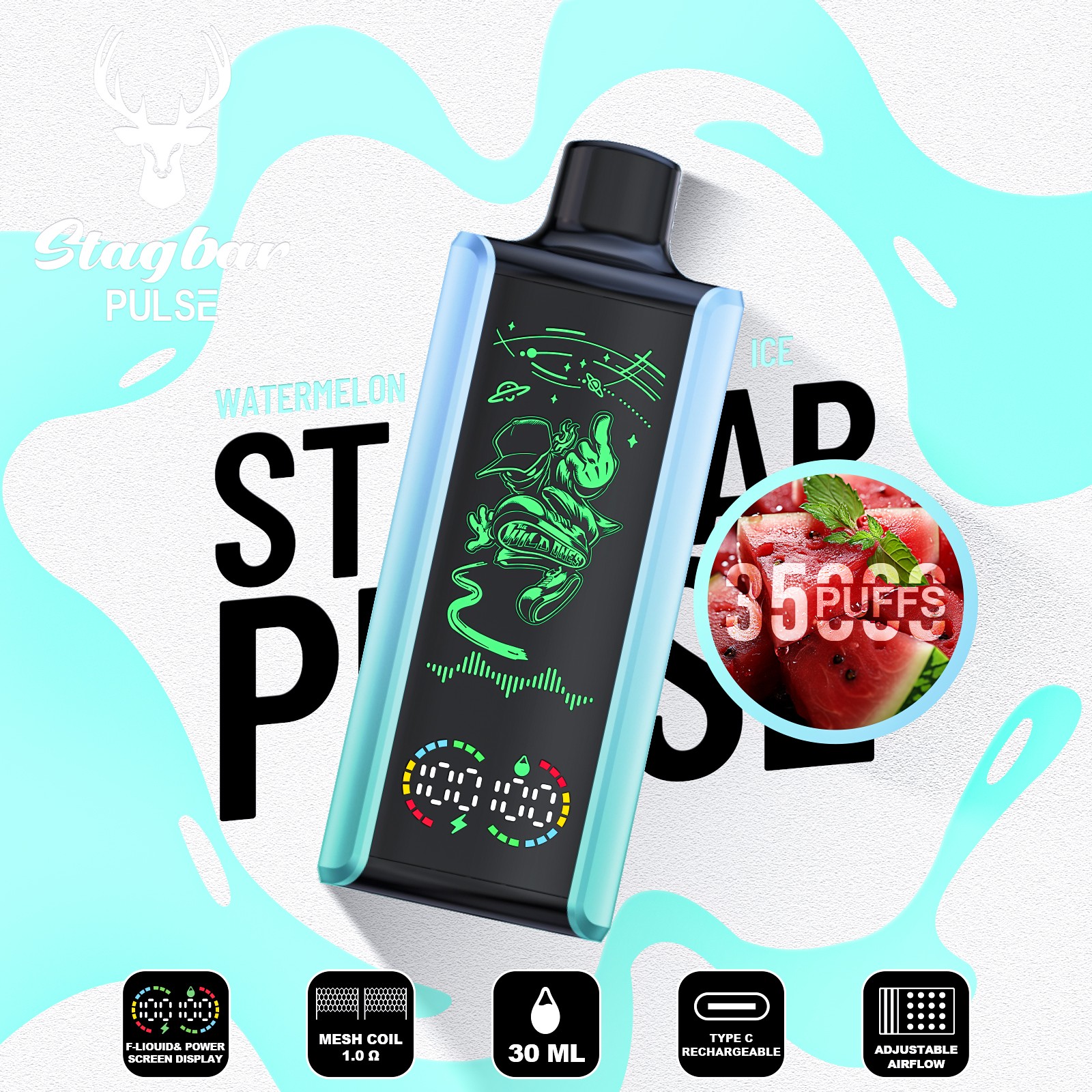 Stag Bar Pulse 35000 35K Puffs Full LED Display Disposable Vape EU Warehouse in Watermelon Ice flavor
