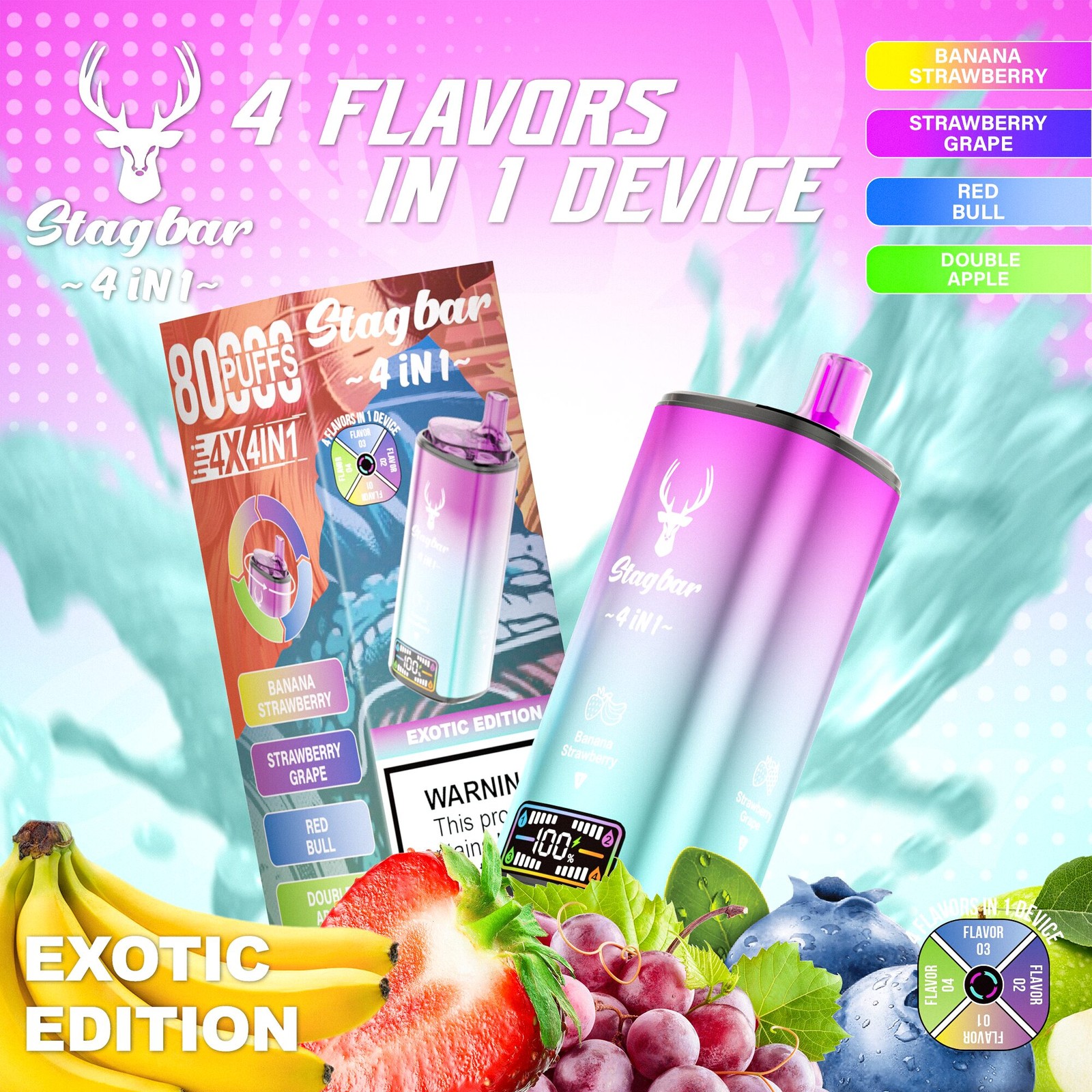 Stag Bar 4in1 80000 80K Puffs Rechargeable LCD Display Disposable Vape EU Warehouse in Banana Strawberry & Strawberry Grape & Red Bull & Double Apple