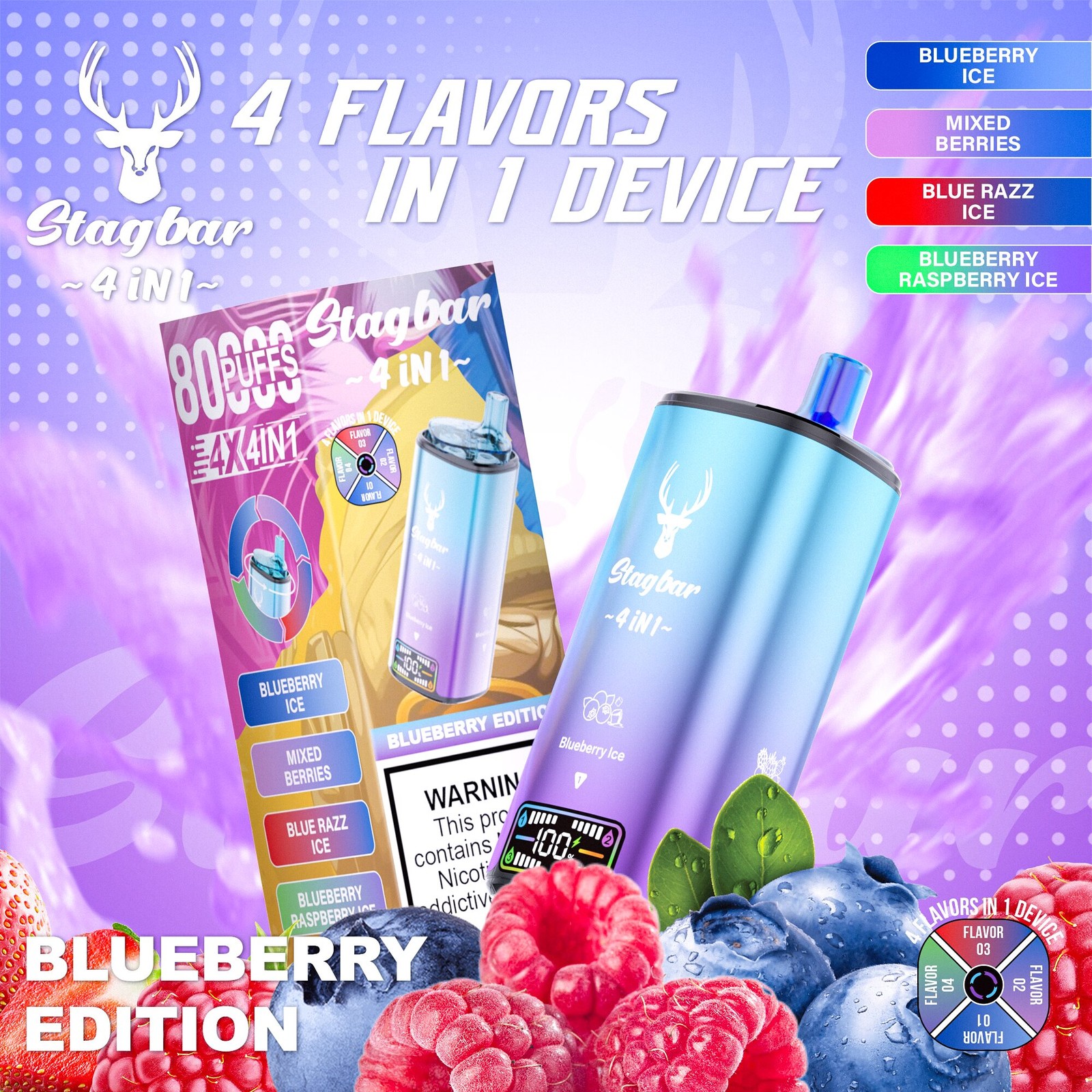 Stag Bar 4in1 80000 80K Puffs Rechargeable LCD Display Disposable Vape EU Warehouse in Blueberry Ice & Mixed Berries & Blue Razz Ice & Blueberry Raspberry
