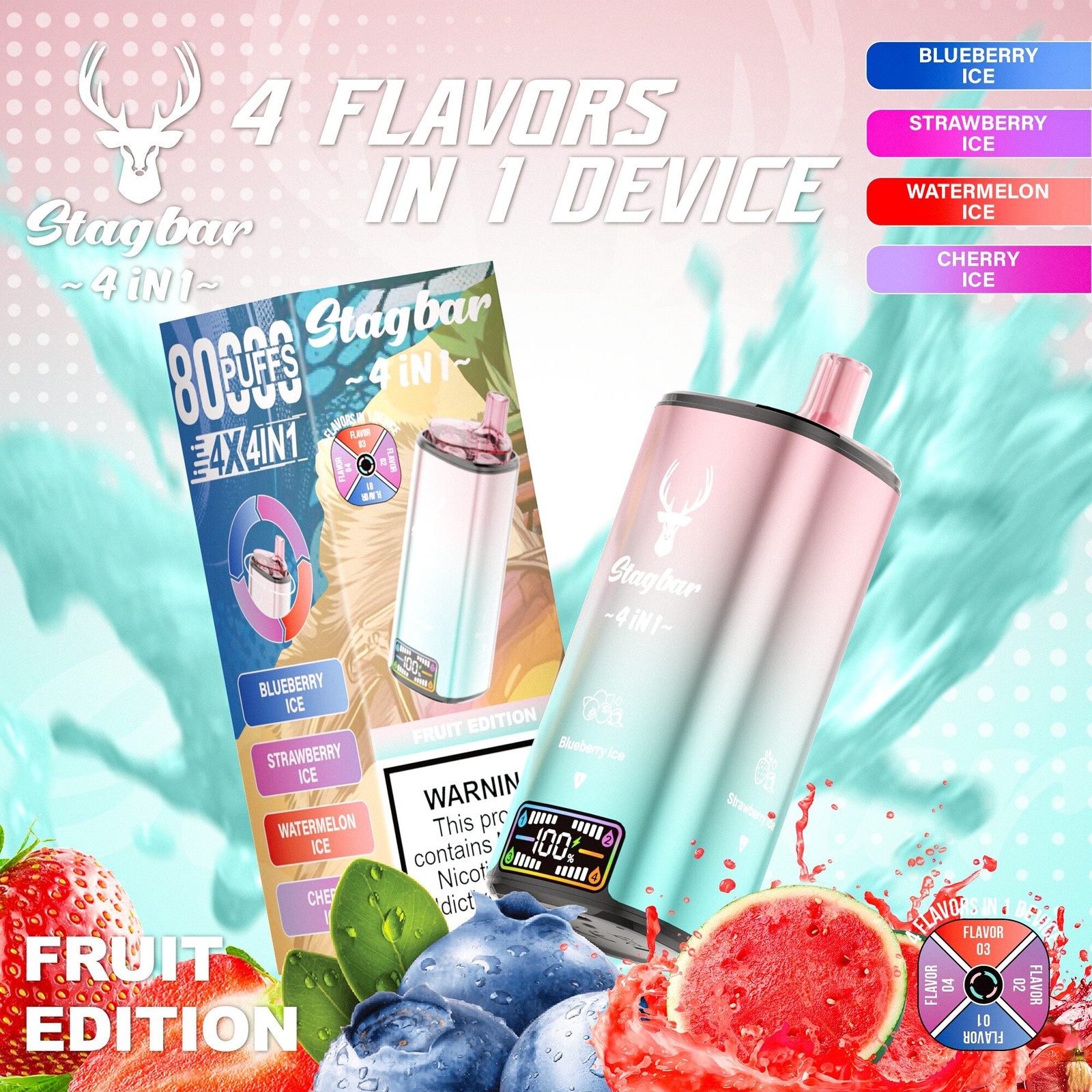 Stag Bar 4in1 80000 80K Puffs Rechargeable LCD Display Disposable Vape EU Warehouse in Blueberry Ice & Strawberry Ice & Watermelon Ice & Cherry Ice flavor