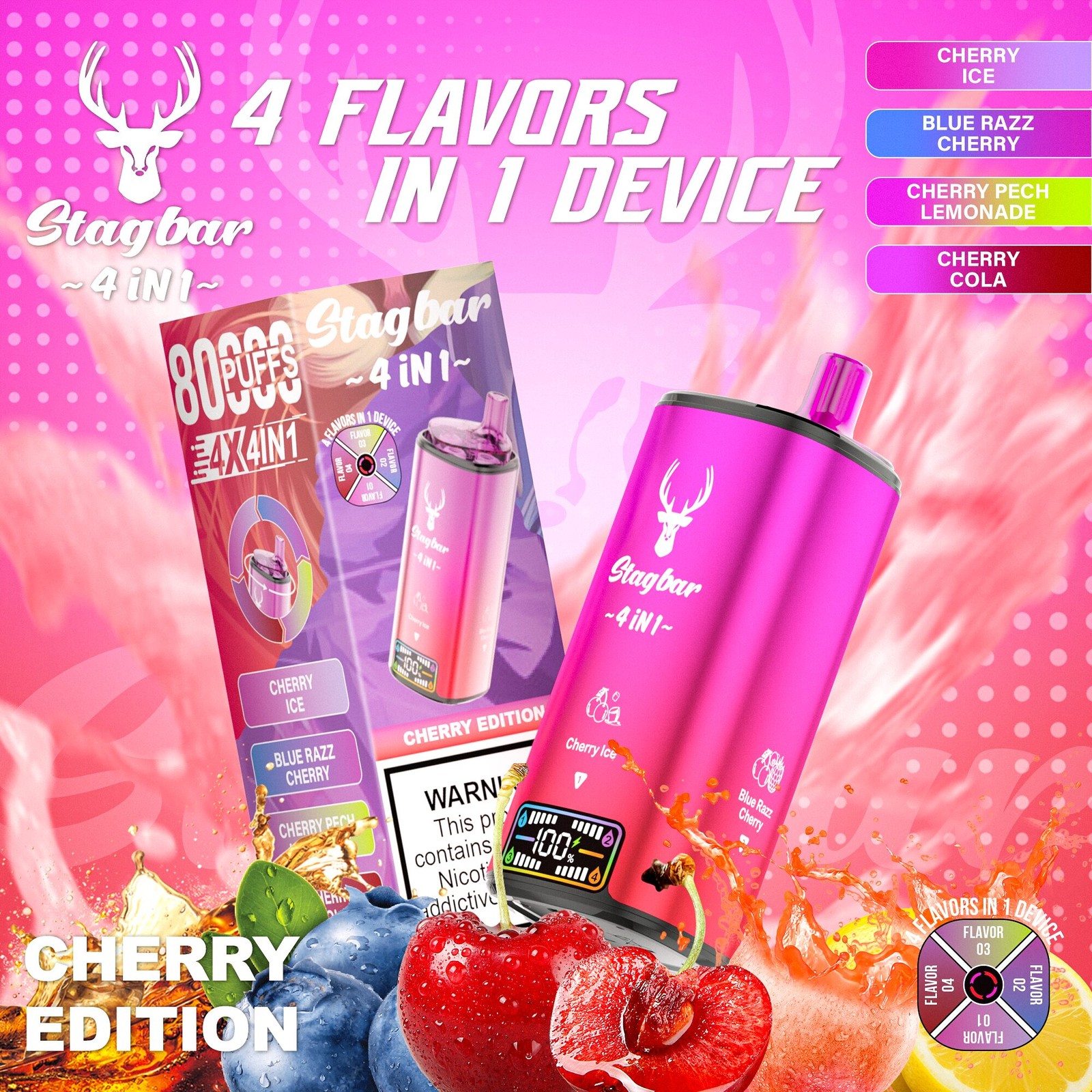 Stag Bar 4in1 80000 80K Puffs Rechargeable LCD Display Disposable Vape EU Warehouse in Cherry Ice & Blue Razz Cherry & Cherry Peach Lemonade & Cherry Cola