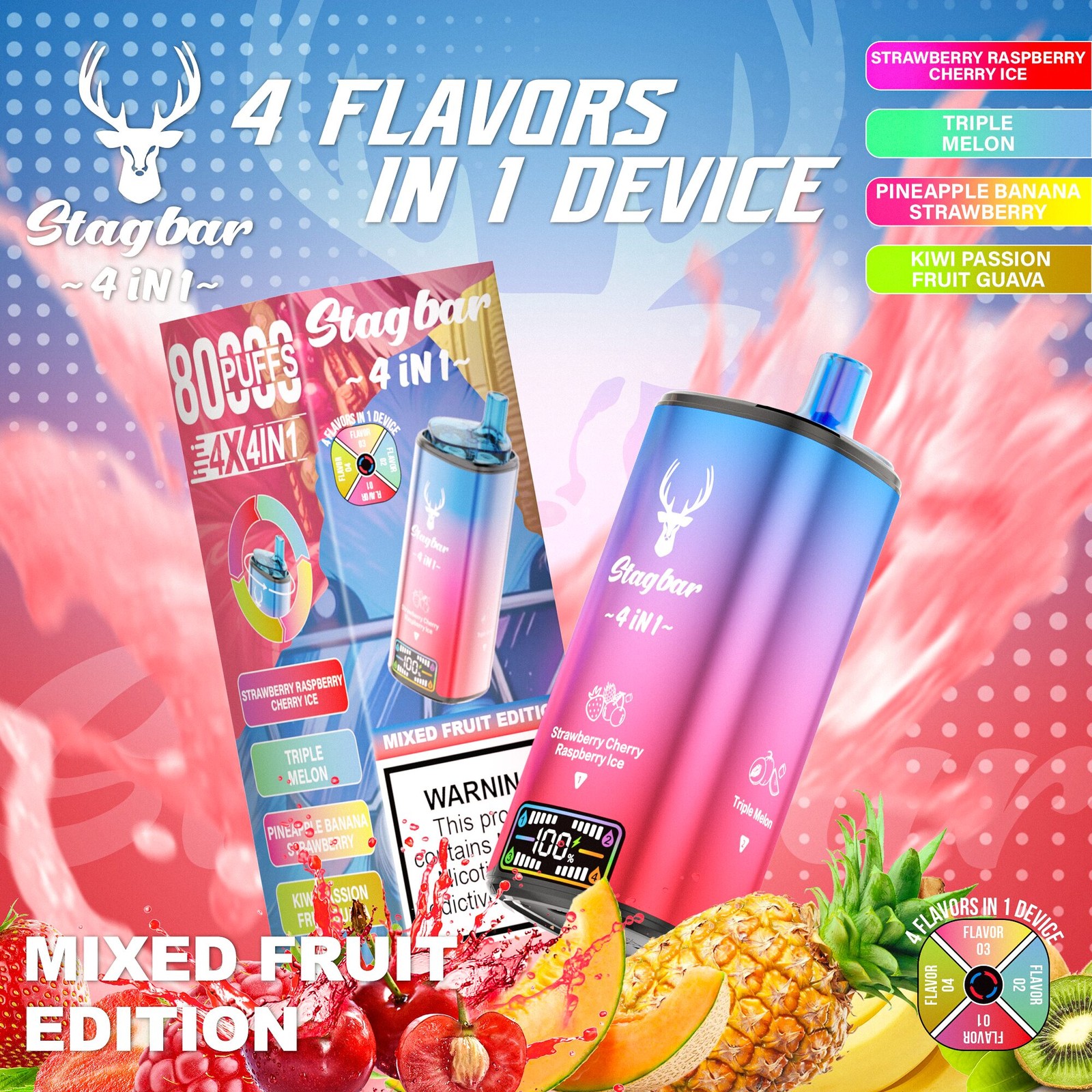 Stag Bar 4in1 80000 80K Puffs Rechargeable LCD Display Disposable Vape EU Warehouse in Lemon Lime& Strawberry Kiwi& Mint lce& Dragon Fruit Banana Cherry