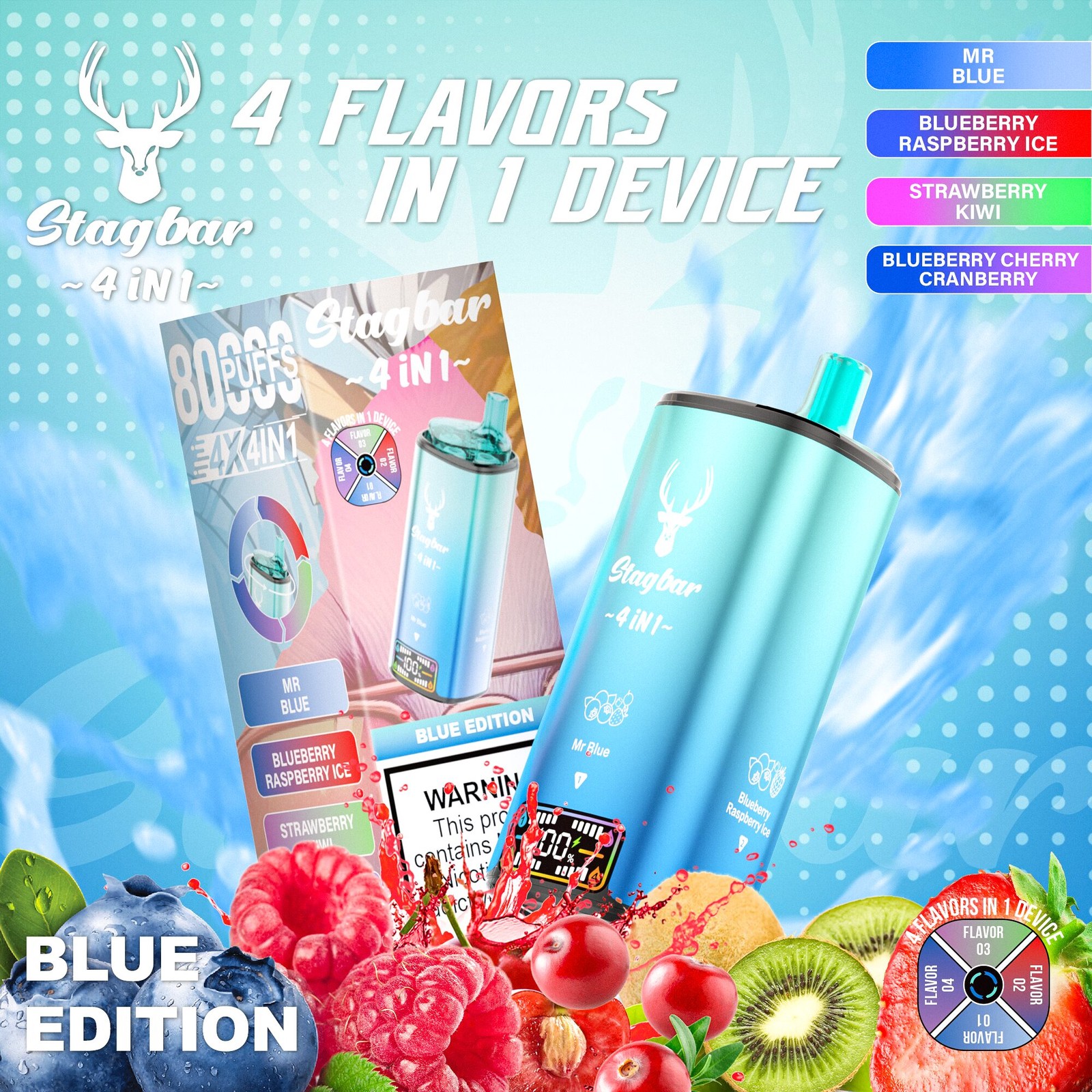Stag Bar 4in1 80000 80K Puffs Rechargeable LCD Display Disposable Vape EU Warehouse in Mr Blue & Blueberry Raspberry Ice & Strawberry Kiwi & Blueberry