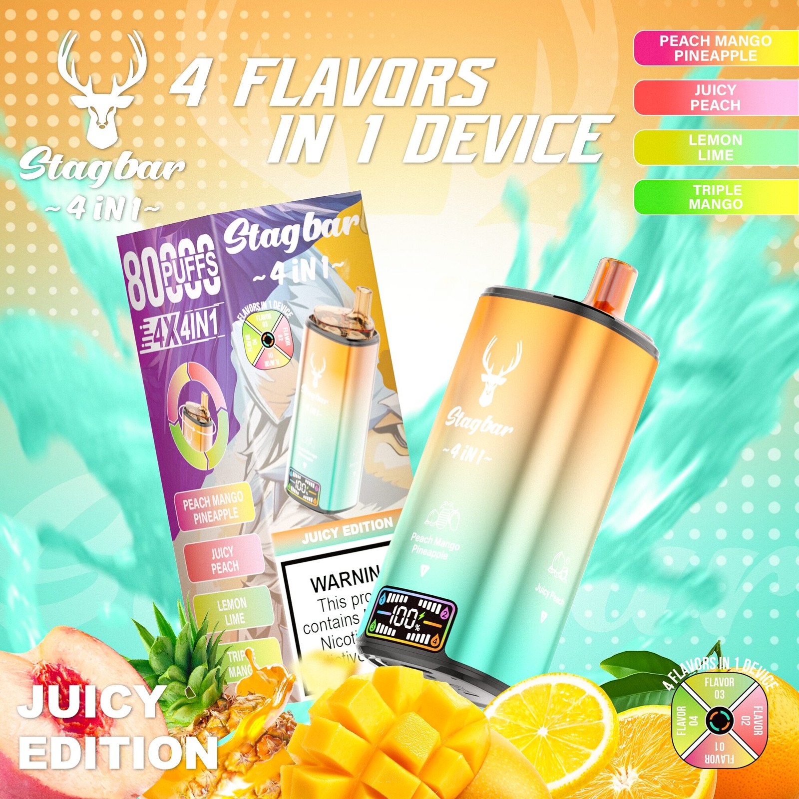 Stag Bar 4in1 80000 80K Puffs Rechargeable LCD Display Disposable Vape EU Warehouse in Peach Mango Pineapple & Juicy Peach & Lemon Lime & Triple Mango