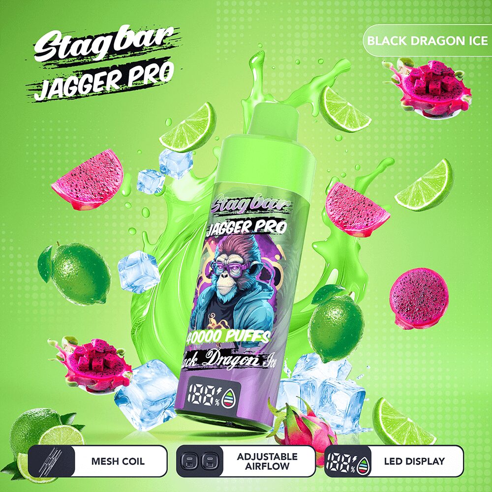Stagbar Jagger Pro 40000 40K Puffs Adjustable Airflow & LED Display Rechargeable Disposable Vape in Black Dragon Ice flavor
