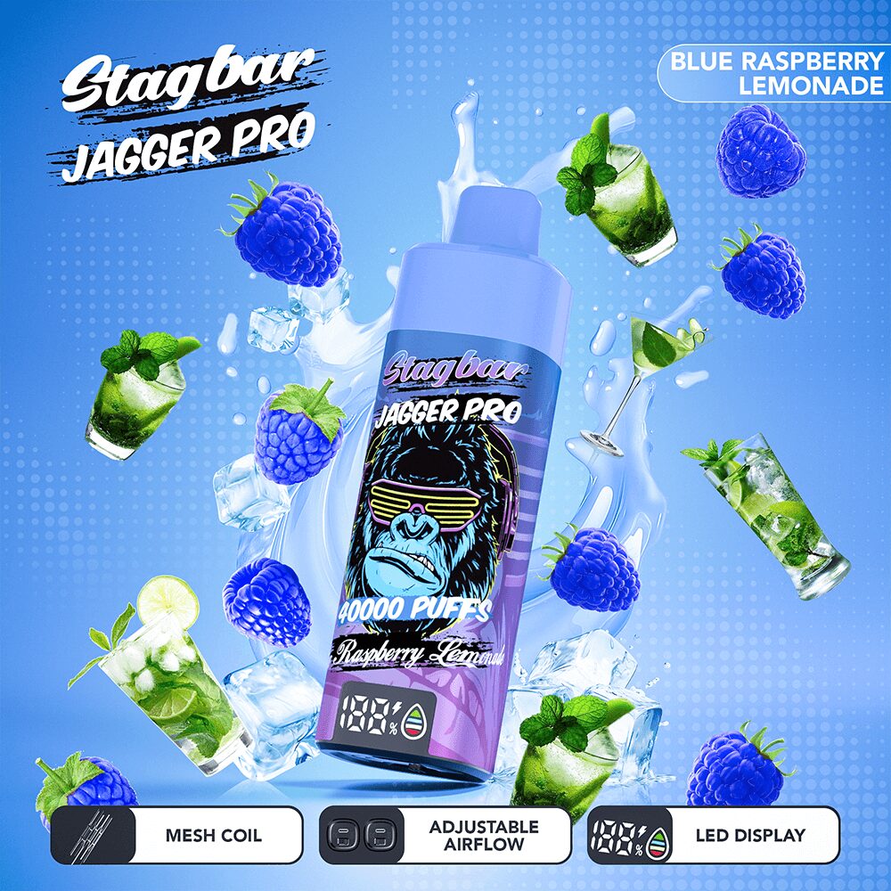 Stagbar Jagger Pro 40000 40K Puffs Adjustable Airflow & LED Display Rechargeable Disposable Vape in Blue Raspberry Lemonade flavor
