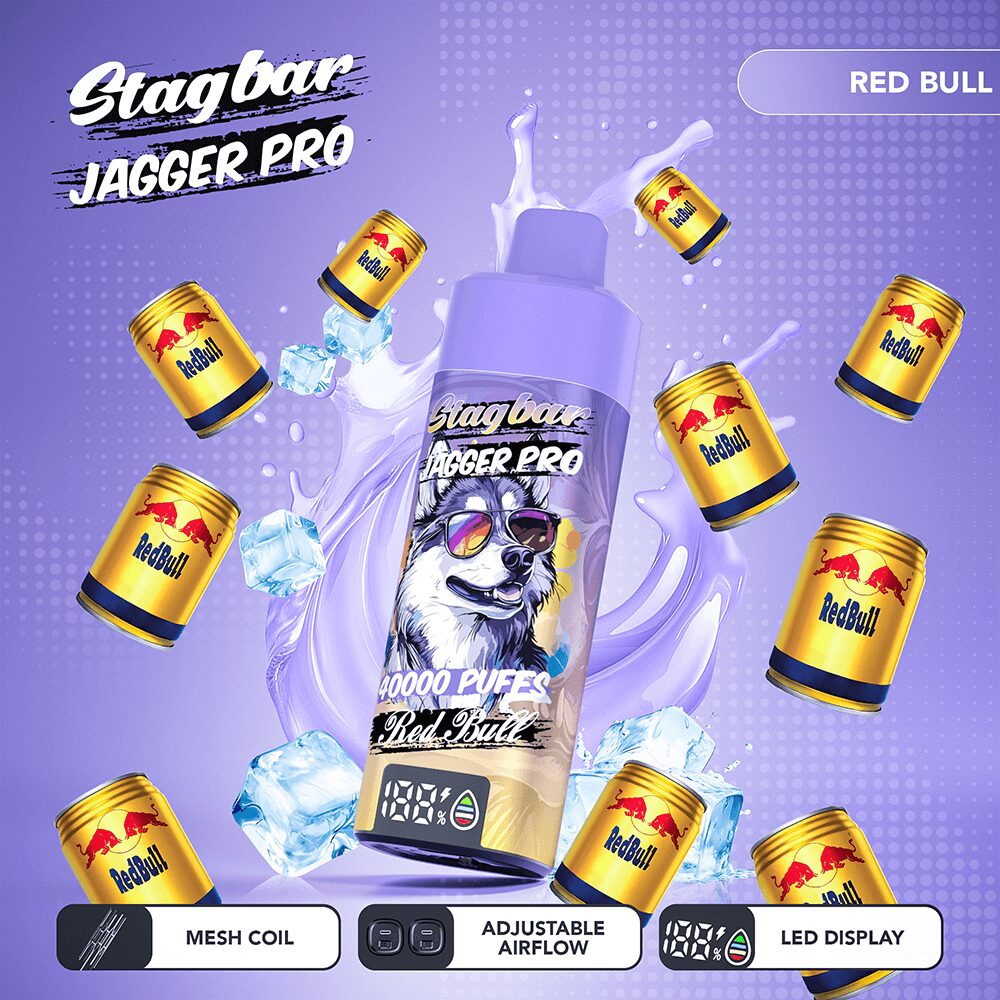 Stagbar Jagger Pro 40000 40K Puffs Adjustable Airflow & LED Display Rechargeable Disposable Vape in Red Bull flavor