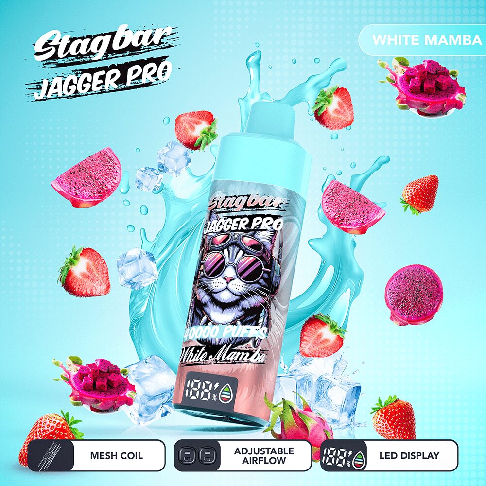 Stagbar Jagger Pro 40000 40K Puffs Adjustable Airflow & LED Display Rechargeable Disposable Vape in White Mamba flavor