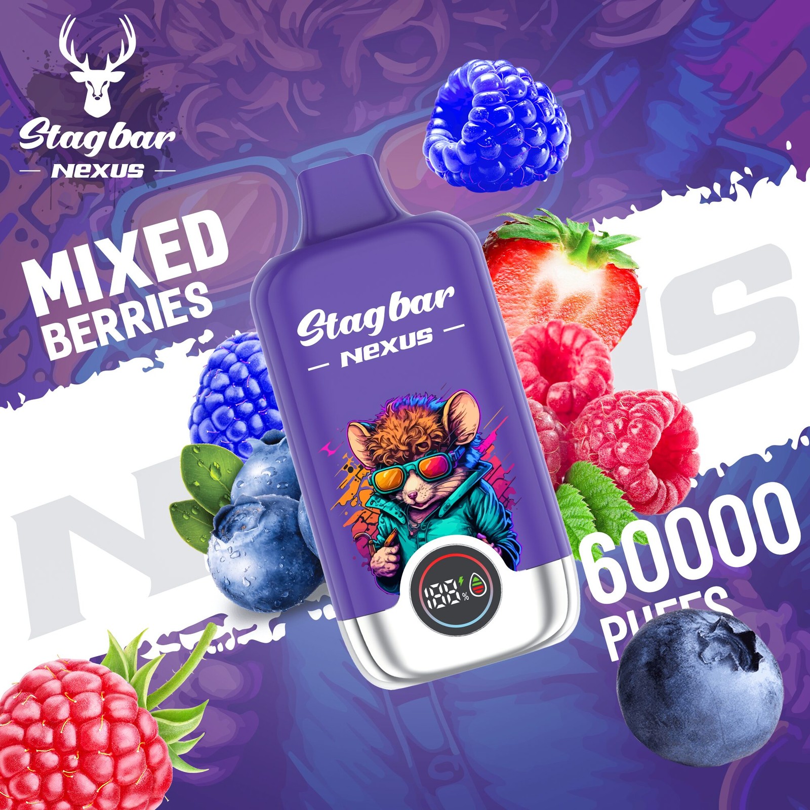 Stagbar Nexus 60000 60K Puffs Airflow Adjustable LED Display Disposable Vape in Mixed Berries flavor