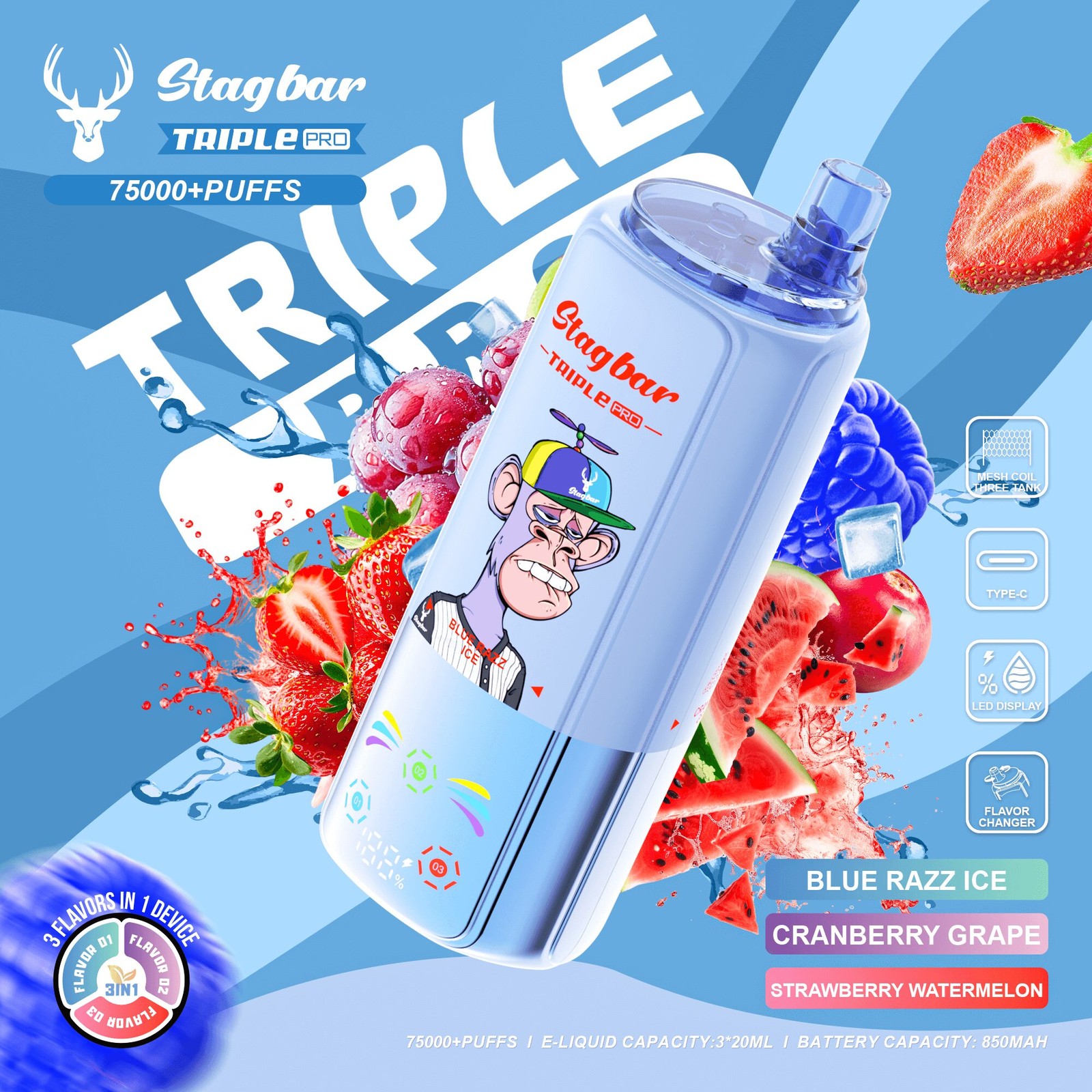 Stagbar Triple Pro 75000 75K Puffs 3 IN 1 Flavors&LED Display Disposable Vape in Blue Razz Ice / Cranberry Grape / Strawberry Watermelon flavor