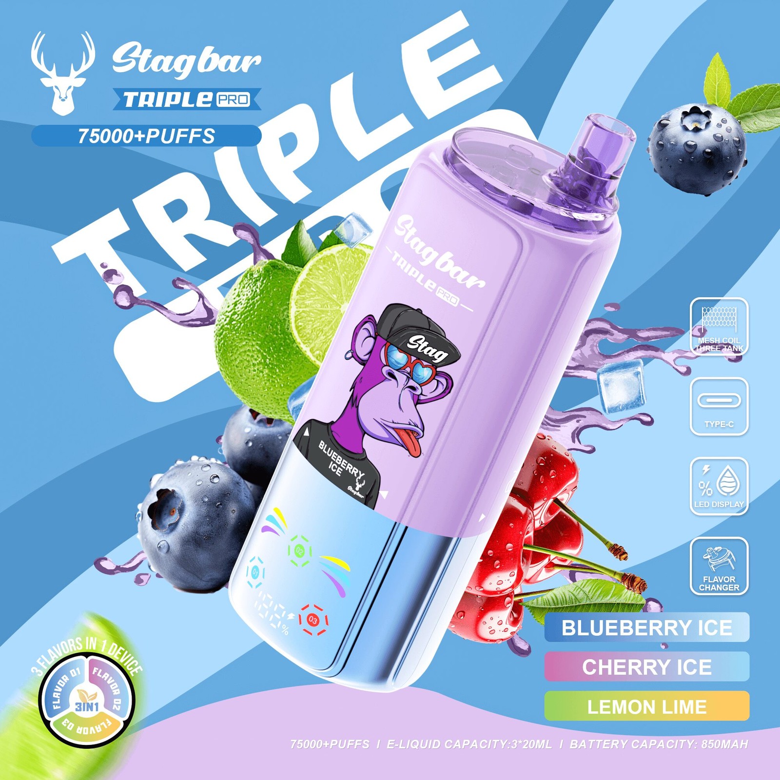 Stagbar Triple Pro 75000 75K Puffs 3 IN 1 Flavors&LED Display Disposable Vape in Blueberry Ice / Cherry Ice / Lemon Lime flavor