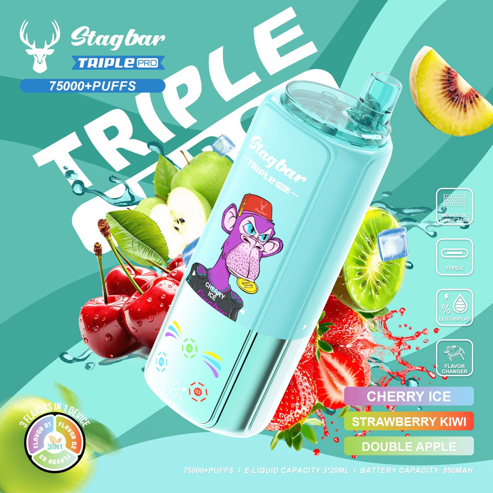 Stagbar Triple Pro 75000 75K Puffs 3 IN 1 Flavors&LED Display Disposable Vape in Cherry Ice / Strawberry Kiwi / Double Apple flavor
