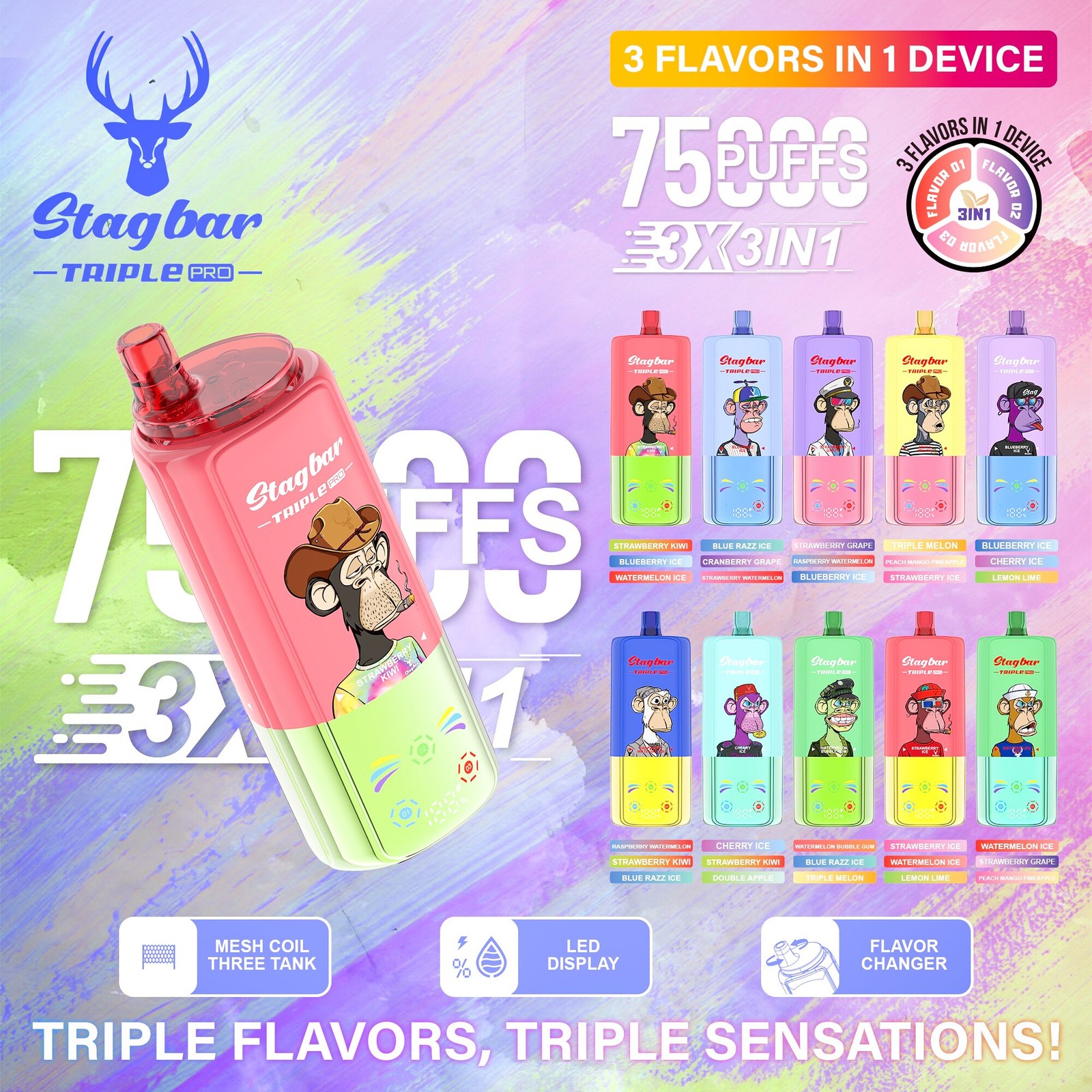 Stagbar Triple Pro 75000 75K Puffs 3 IN 1 Flavors&LED Display Disposable Vape product image