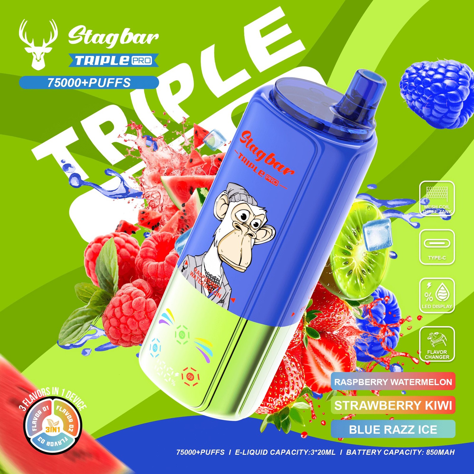 Stagbar Triple Pro 75000 75K Puffs 3 IN 1 Flavors&LED Display Disposable Vape in Raspberry Watermelon / Strawberry Kiwi / Blue Razz Ice flavor