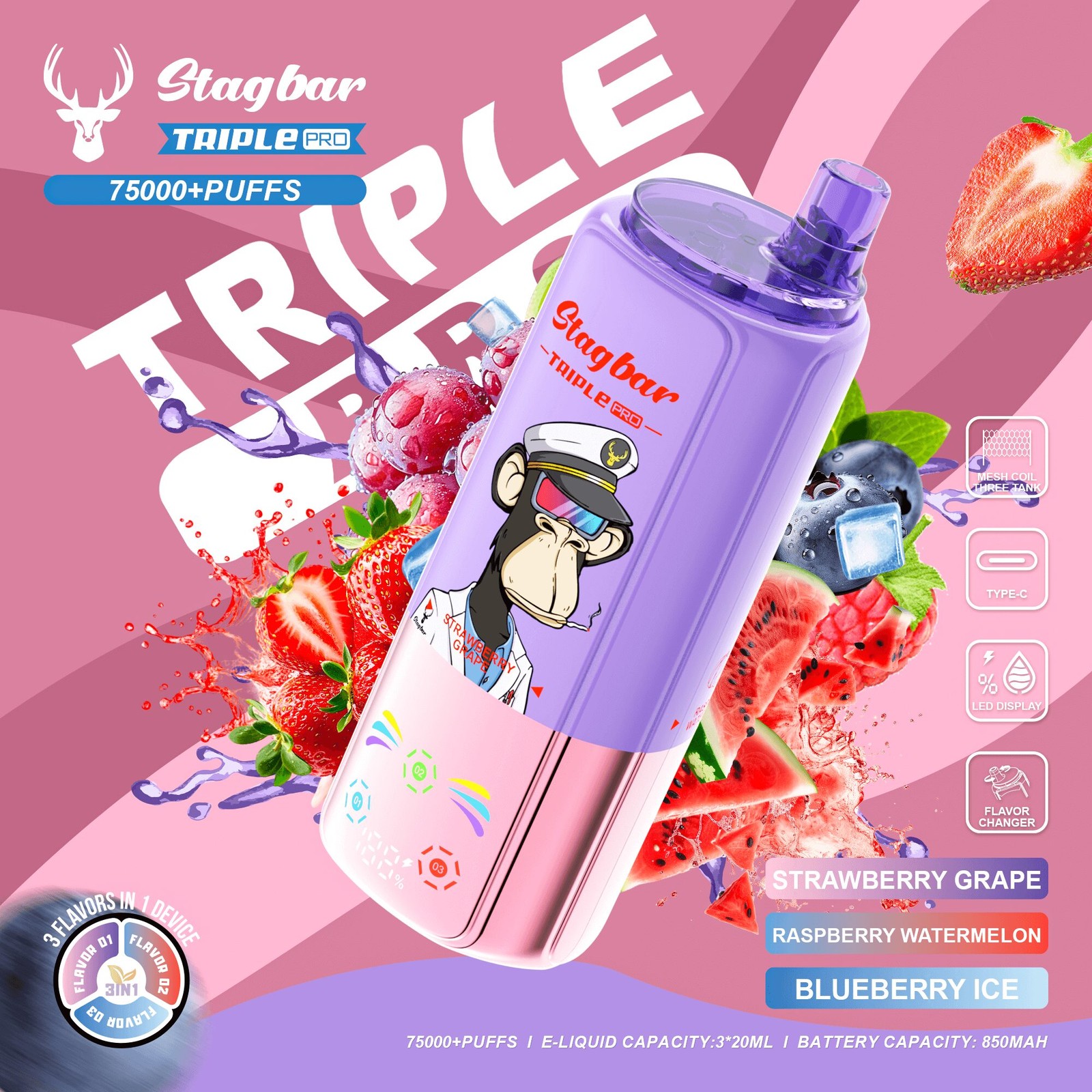 Stagbar Triple Pro 75000 75K Puffs 3 IN 1 Flavors&LED Display Disposable Vape in Strawberry Grape / Raspberry Watermelon / Blueberry Ice flavor