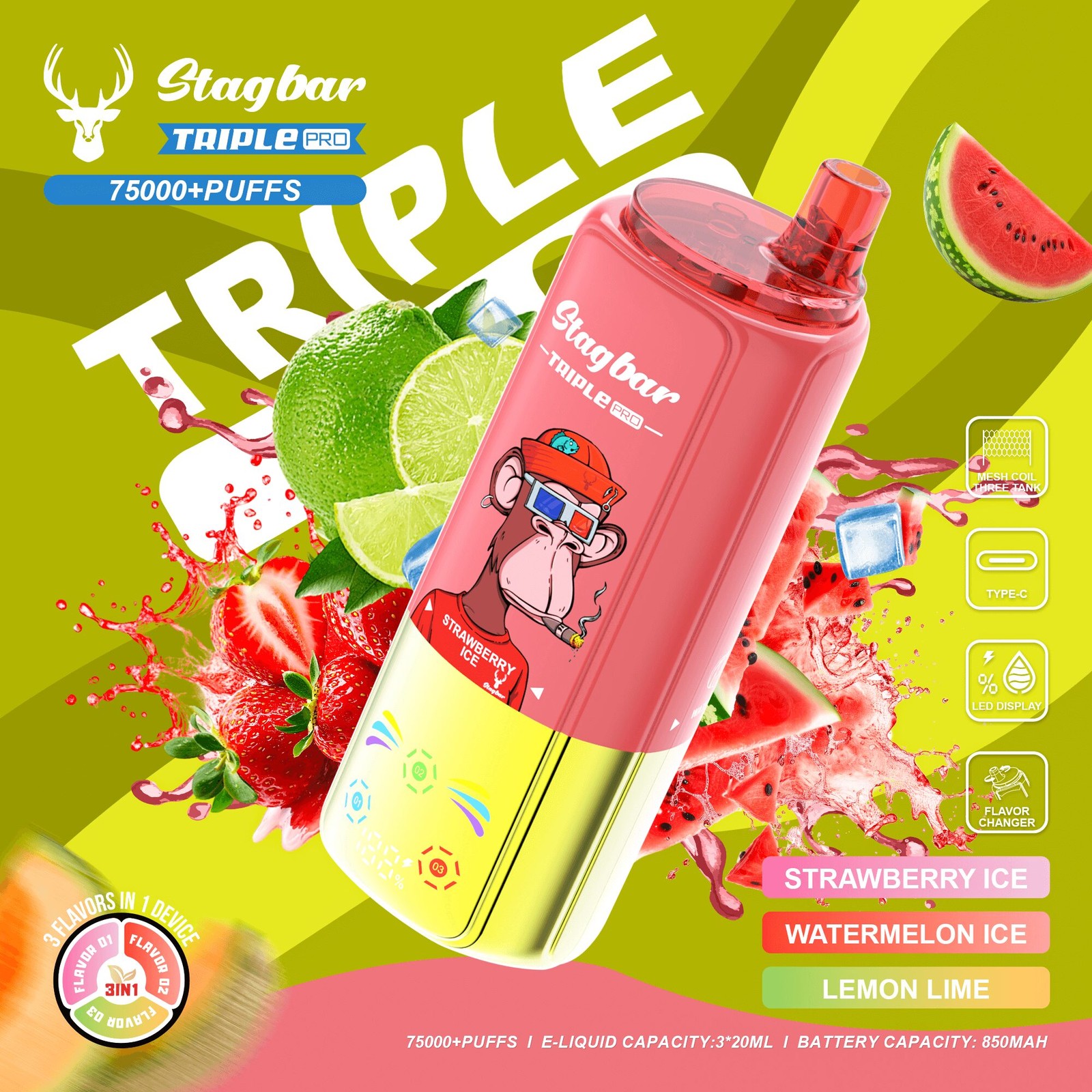 Stagbar Triple Pro 75000 75K Puffs 3 IN 1 Flavors&LED Display Disposable Vape in Strawberry Ice / Watermelon Ice / Lemon Lime flavor