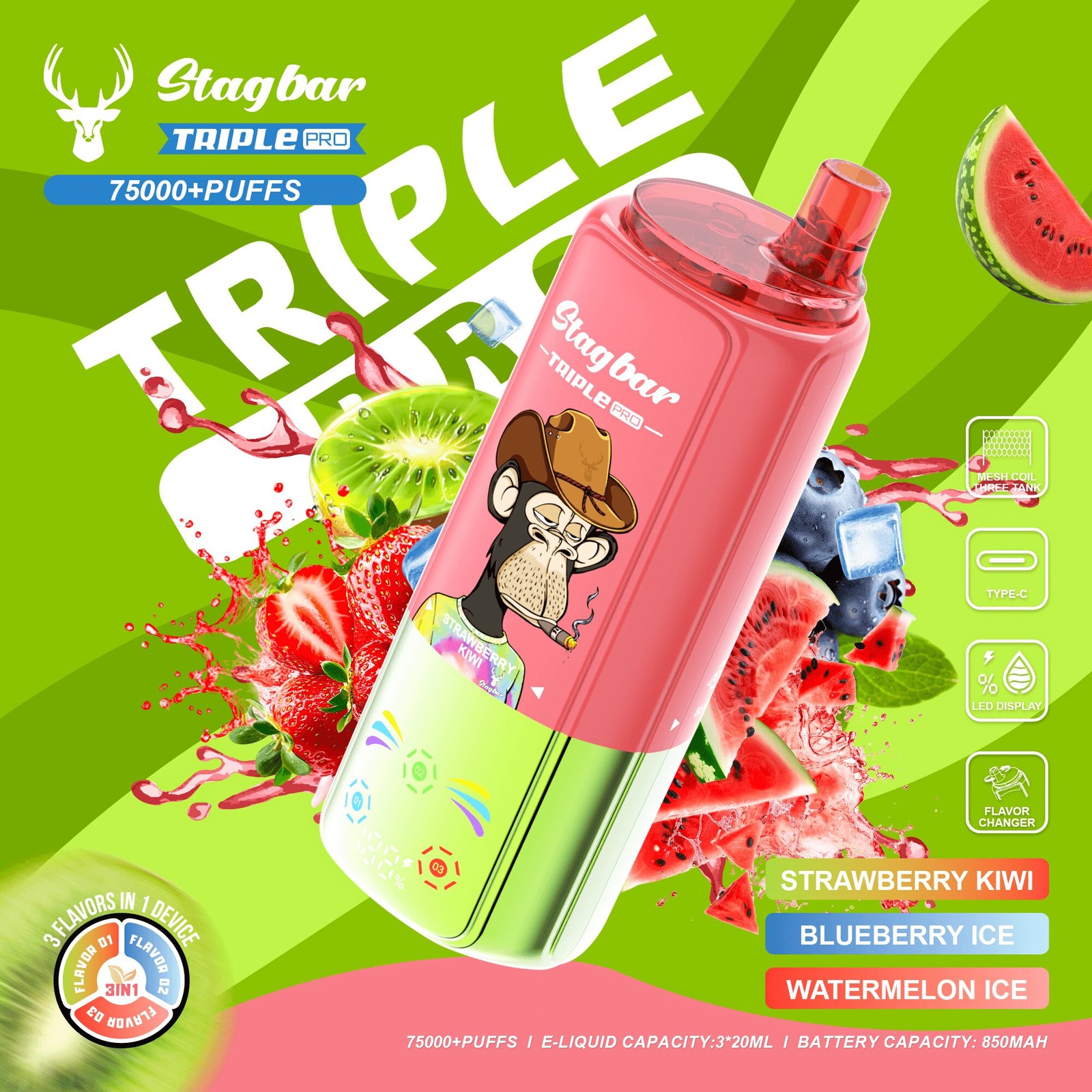 Stagbar Triple Pro 75000 75K Puffs 3 IN 1 Flavors&LED Display Disposable Vape in Strawberry Kiwi / Blueberry Ice / Watermelon Ice flavor