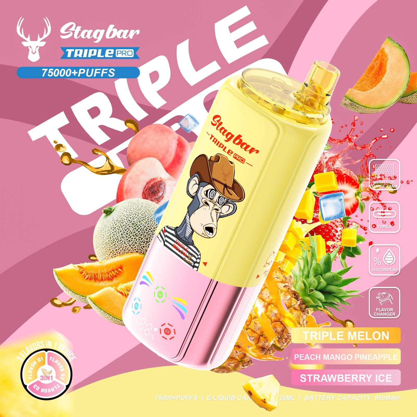 Stagbar Triple Pro 75000 75K Puffs 3 IN 1 Flavors&LED Display Disposable Vape in Triple Melon / Peach Mango Pineapple / Strawberry Ice flavor