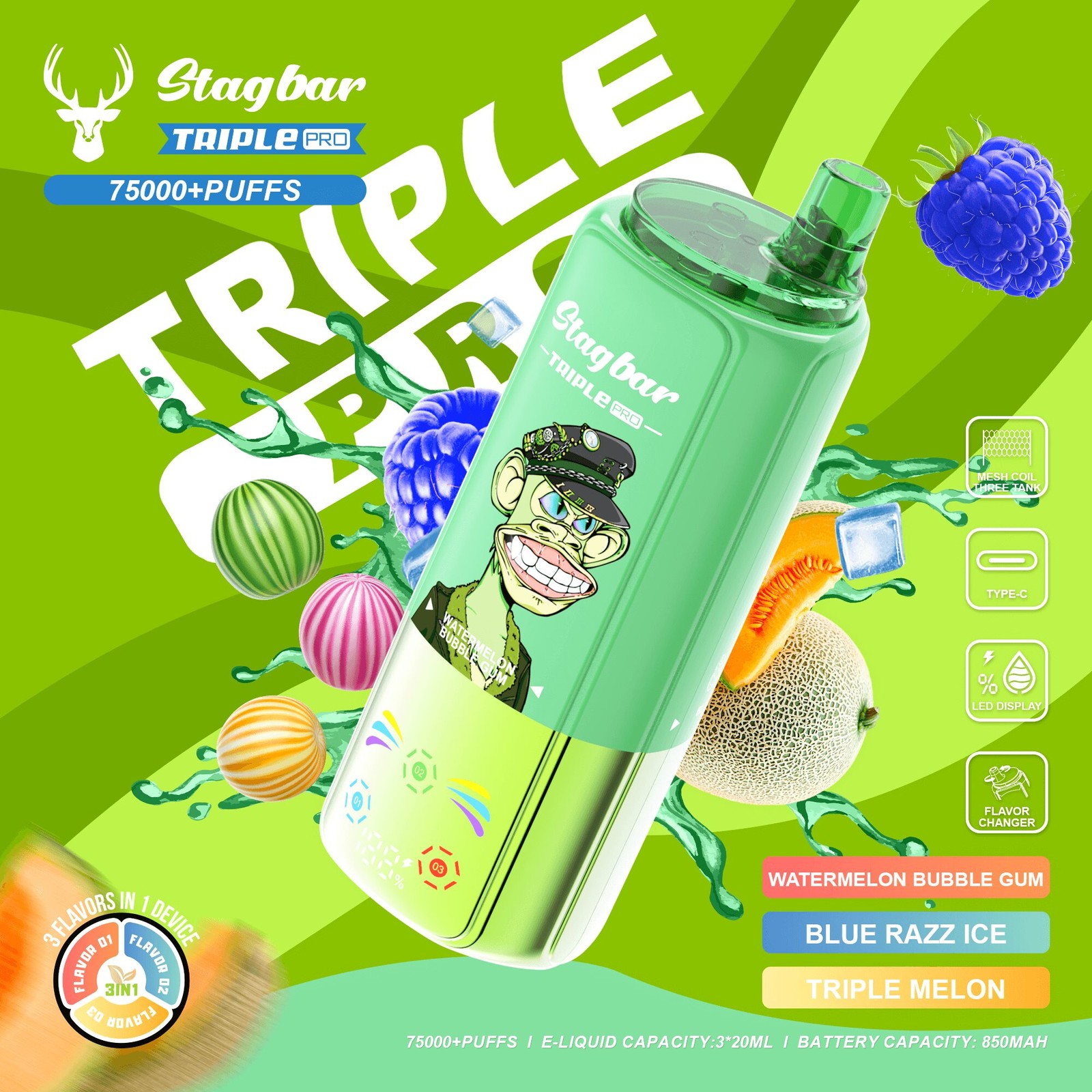 Stagbar Triple Pro 75000 75K Puffs 3 IN 1 Flavors&LED Display Disposable Vape in Watermelon Bubble Gum / Blue Razz Ice / Triple Melon flavor