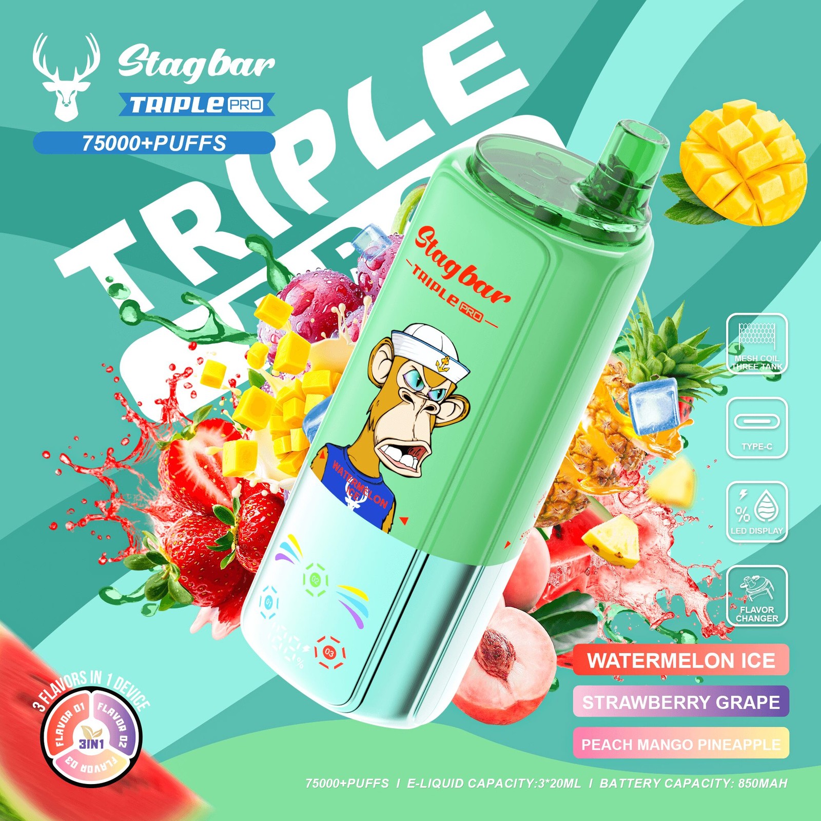 Stagbar Triple Pro 75000 75K Puffs 3 IN 1 Flavors&LED Display Disposable Vape in Watermelon Ice / Strawberry Grape / Peach Mango Pineapple flavor