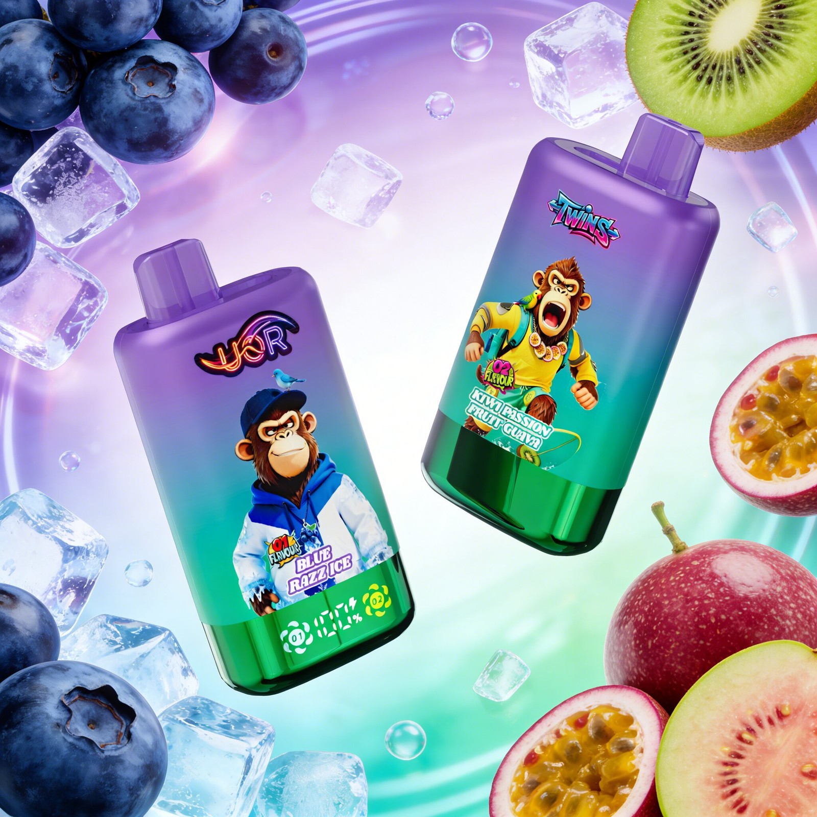 UOR Twins 80000 80k Puffs Double Flavor LED Display Disposable Vape in Blue Razz Ice & Kiwi Passion Fruit Guava flavor