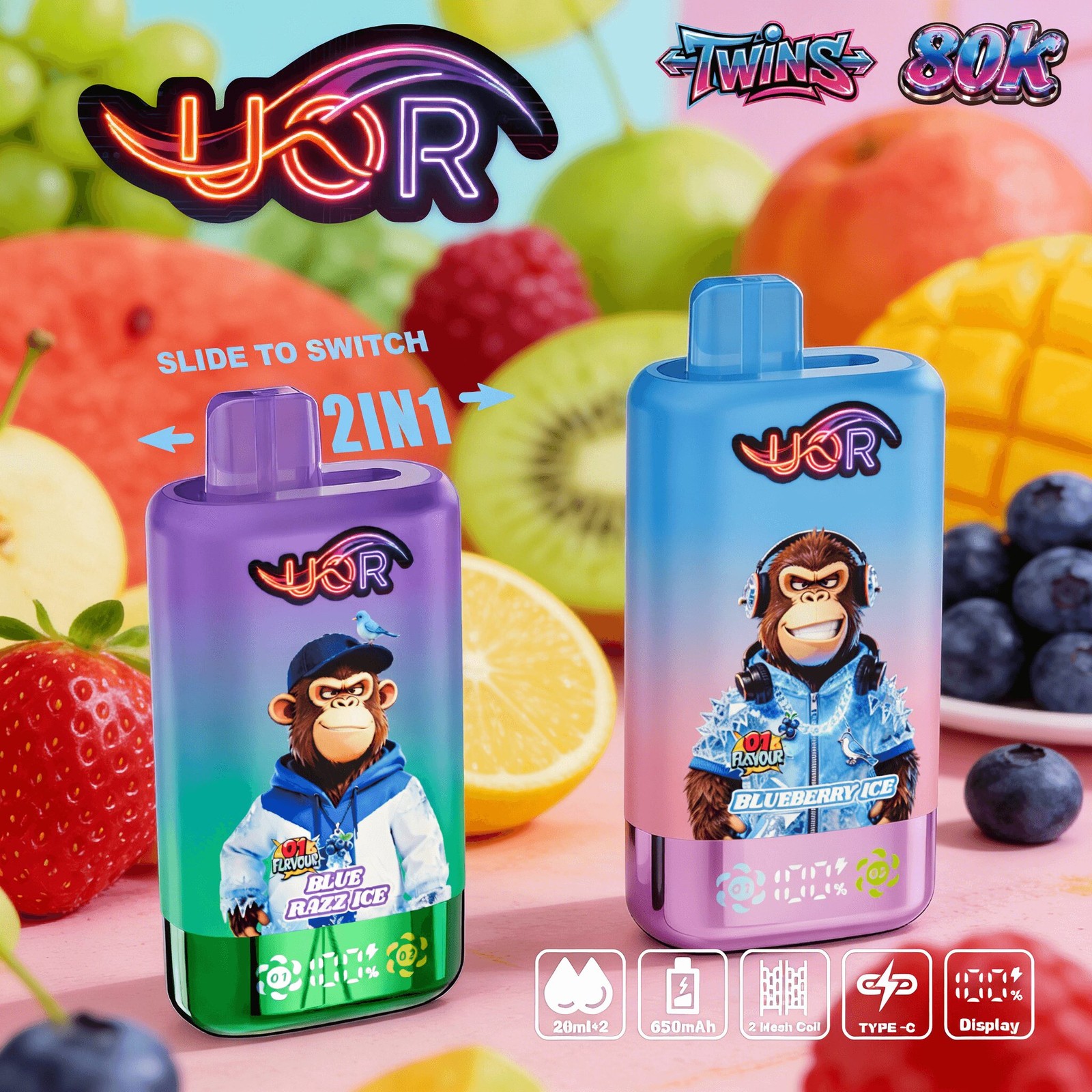 UOR Twins 80000 80k Puffs Double Flavor LED Display Disposable Vape product image