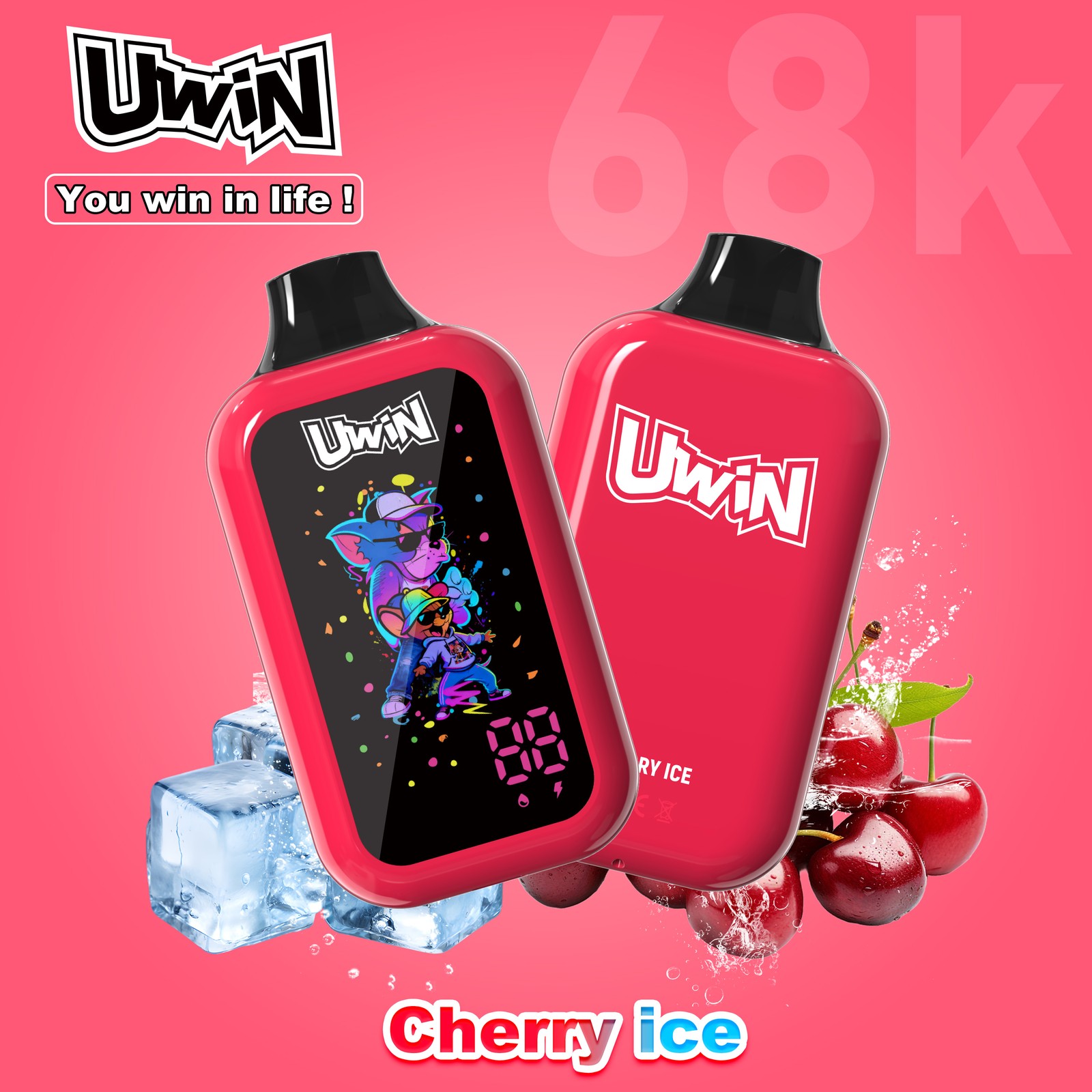 Uwin Digital Box 68000 68K Puffs LED Display Edition Disposable Vape in Cherry Ice flavor