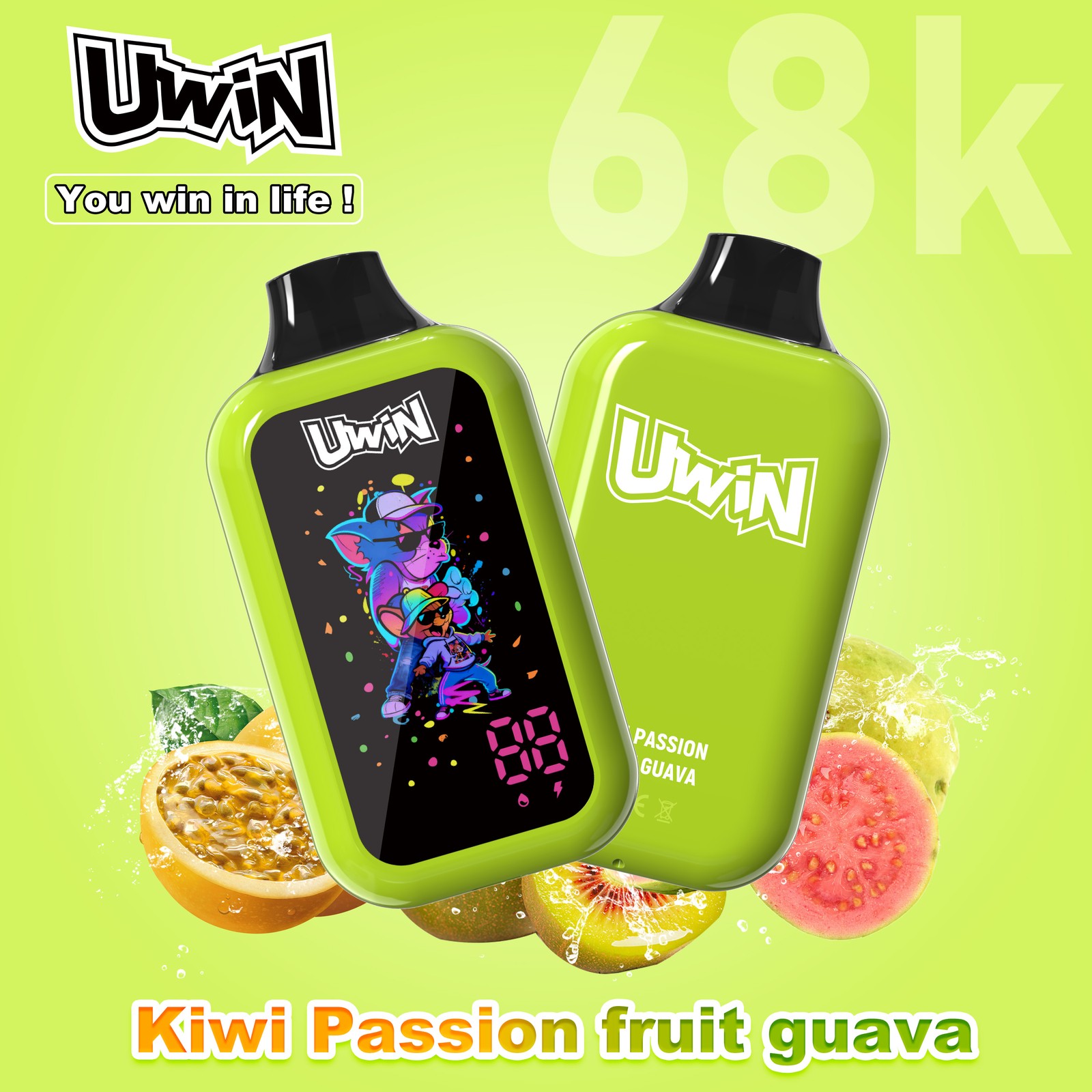 Uwin Digital Box 68000 68K Puffs LED Display Edition Disposable Vape in Kiwi Passion Fruit Guava flavor