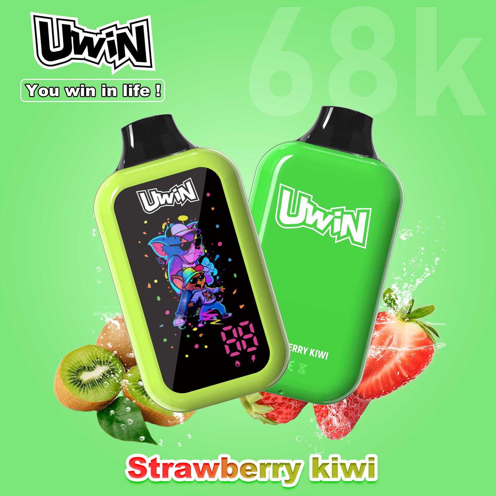 Uwin Digital Box 68000 68K Puffs LED Display Edition Disposable Vape in Strawberry Kiwi flavor